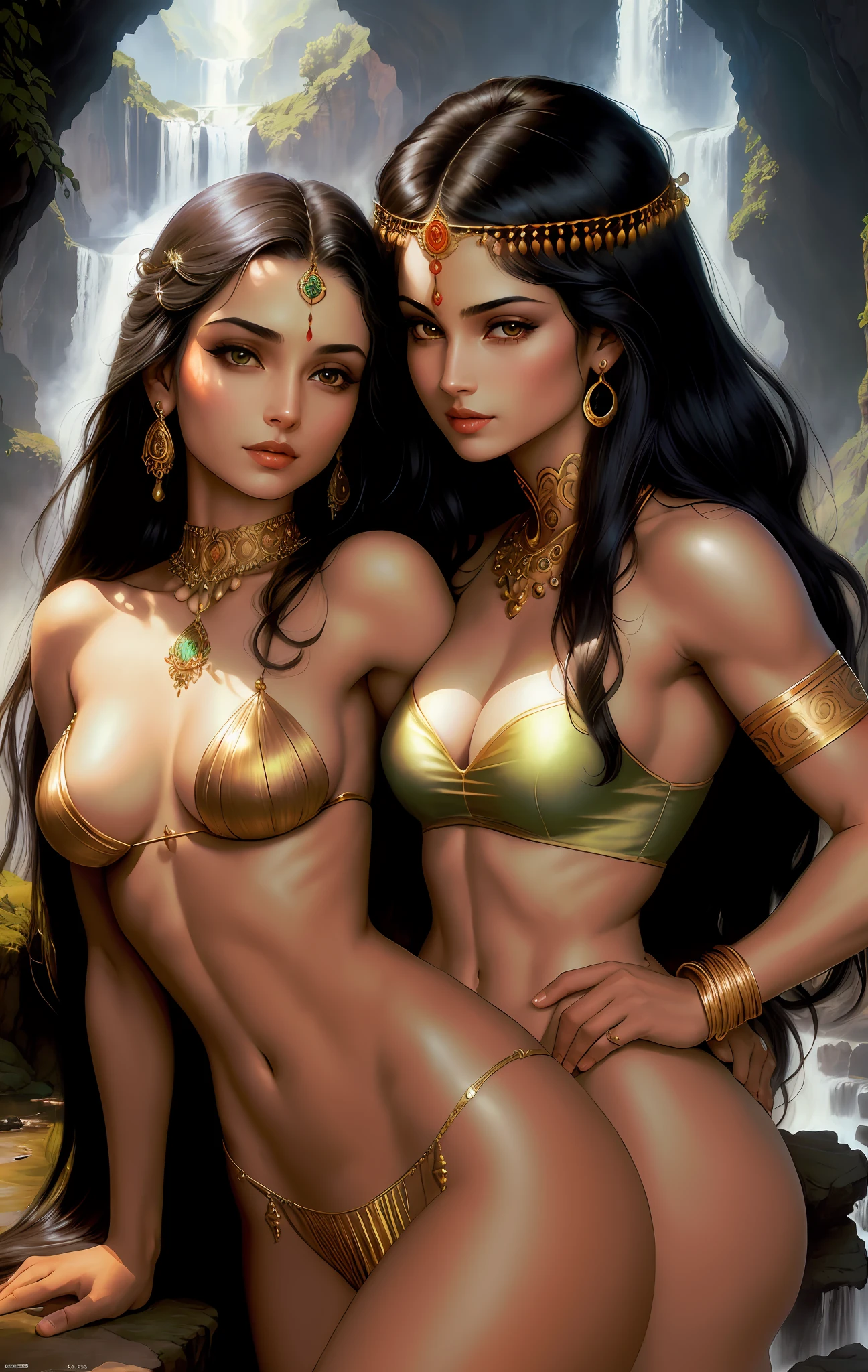 ((realistic: 1.5)),((best quality)), ((masterpiece)),((detailed)), (1girl), {a beautiful woman wearing a Sari}, (upper body:1.3),super wide -angle lens, facial focus, mature, sexy, toned muscles, long legs, curves, bare feet, medium breasts, open neckline, drooping breasts, thick thighs, wide hips, thin legs, green eyes, long black hair, floating hair, long eyelashes, (detailed face,  beautiful eyes, detailed pupils, detailed features of clothes, light background: 1.3), (Bindi, Jhumkas: 1.3), (Armlet, Haar, Payal, Maang Tikka, Jhumkas, Kamarband, Bangles: 1.3), mysterious ancient ruin, lush forests, deep gorges,bridge,river,cliff,cloud,lakes,rock,waterfalls, flowers, grass, fog,vine,tree, smoke,best shade,bright details,sharp,perfect composition,Intricate,sharp focus, dramatic, by Frank Frazetta,  by Julie Bell, by Olivia De Berardinis, by Luis Royo, by Boris Vallejo, (specular lighting: 1.3), rim light, princesses, naked, embracing and touching each other, teasing her friend