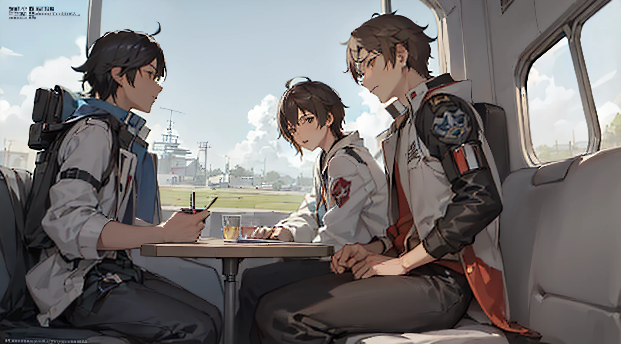 high quality anime art, two friends talking sitting on a plane, male focus, looking at each other, 2boys, (a young anime man(black hair, brown eyes, clothing(open white coat, red and black shirt), body(tall, thin, broad shoulders, little muscle)) and young anime man(brown hair, brown eyes, body(thin, Little muscle, tall))) ,( Makoto Shinkai ( Apex Legends ), Moe Artstyle anime, Detailed digital anime art, Guweiz style art, Digital anime illustration, Kawacy, Makoto Shinkai art style, Makoto Shinkai style, Official art, Male anime style, Airplane window(blue sky, airplane wing, clouds), ultra detail, high resolution, profile, add_detail: 1