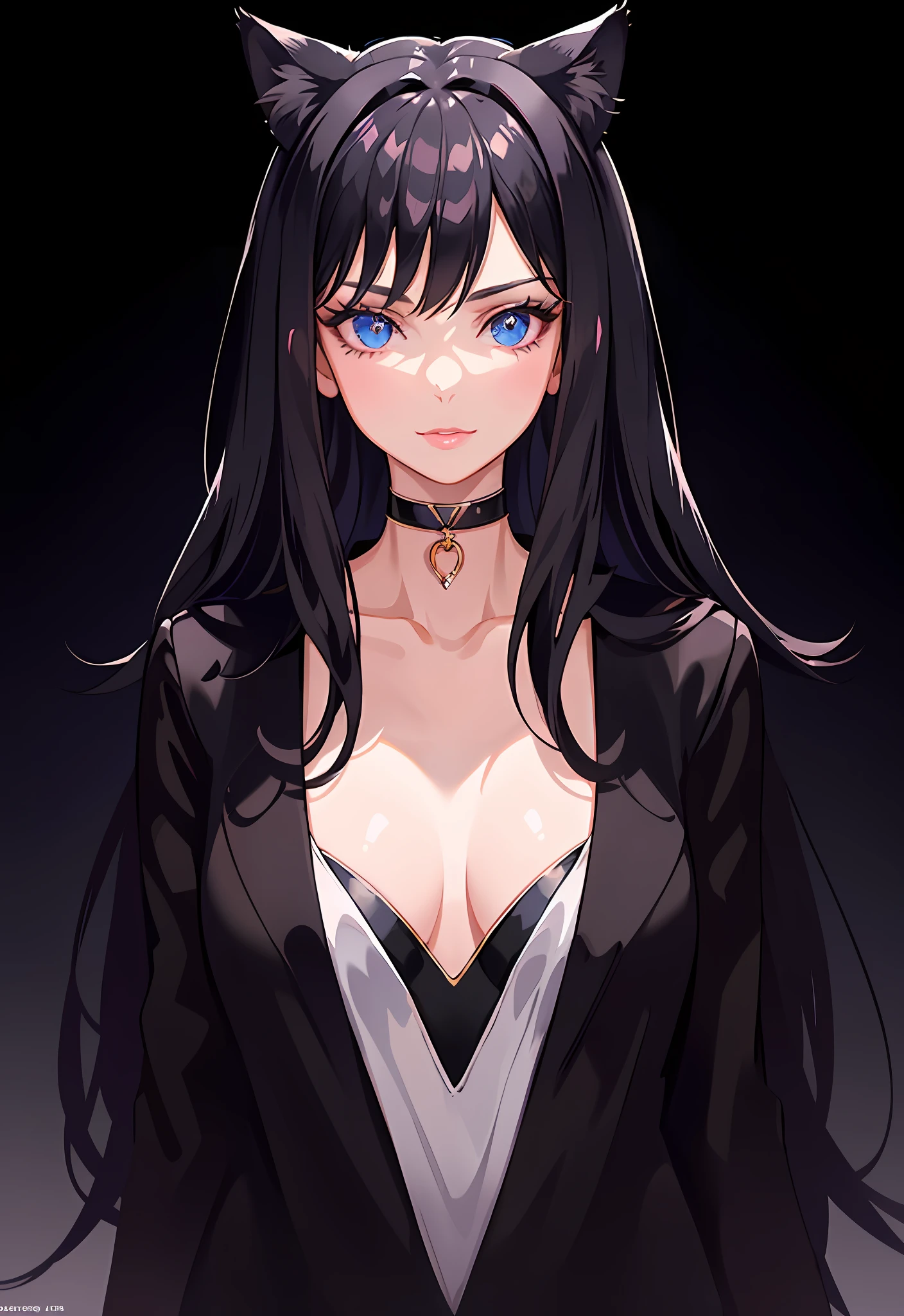 1girl, animal ears, bangs, black choker, black hair, blue eyes, blurry, cat ears, choker, closed mouth, collarbone, eyelashes, lips, long hair, looking at viewer, portrait, solo,(shiny skin),realistic,fashi-girl,milf,extremely delicate and beautiful,goddess,smile,pink lips