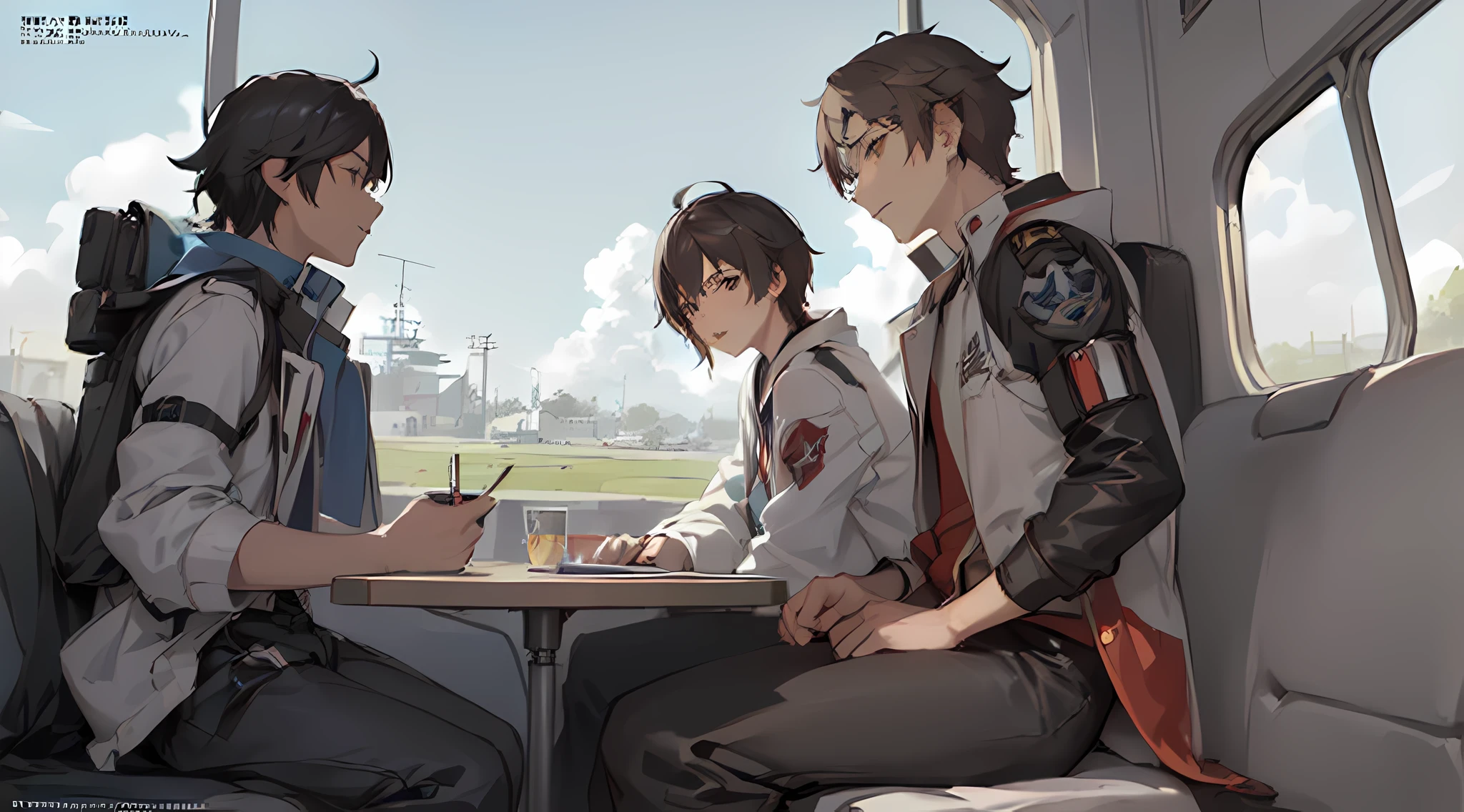 high quality anime art, two friends talking sitting on a plane, male focus, looking at each other, 2boys, (a young anime man(black hair, brown eyes, clothing(open white coat, red and black shirt), body(tall, thin, broad shoulders, little muscle)) and young anime man(brown hair, brown eyes, body(thin,  Little muscle, tall))) ,( Makoto Shinkai ( Apex Legends ), Moe Artstyle anime, Detailed digital anime art, Guweiz style art, Digital anime illustration, Kawacy, Makoto Shinkai art style, Makoto Shinkai style, Official art, Male anime style, Airplane window(blue sky, airplane wing, clouds), ultra detail, high resolution, profile, add_detail: 1