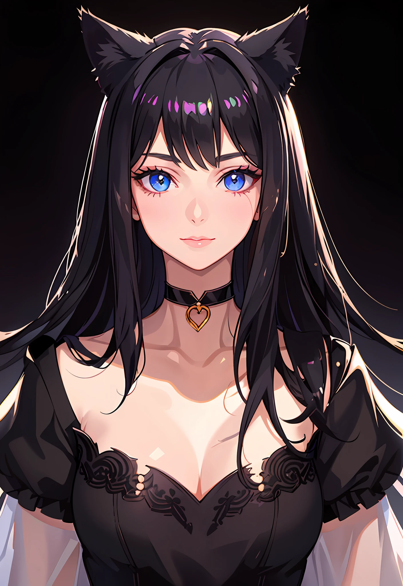 1girl, animal ears, bangs, black choker, black hair, blue eyes, blurry, cat ears, choker, closed mouth, collarbone, eyelashes, lips, long hair, looking at viewer, portrait, solo,(shiny skin),realistic,fashi-girl,milf,extremely delicate and beautiful,goddess,smile,pink lips