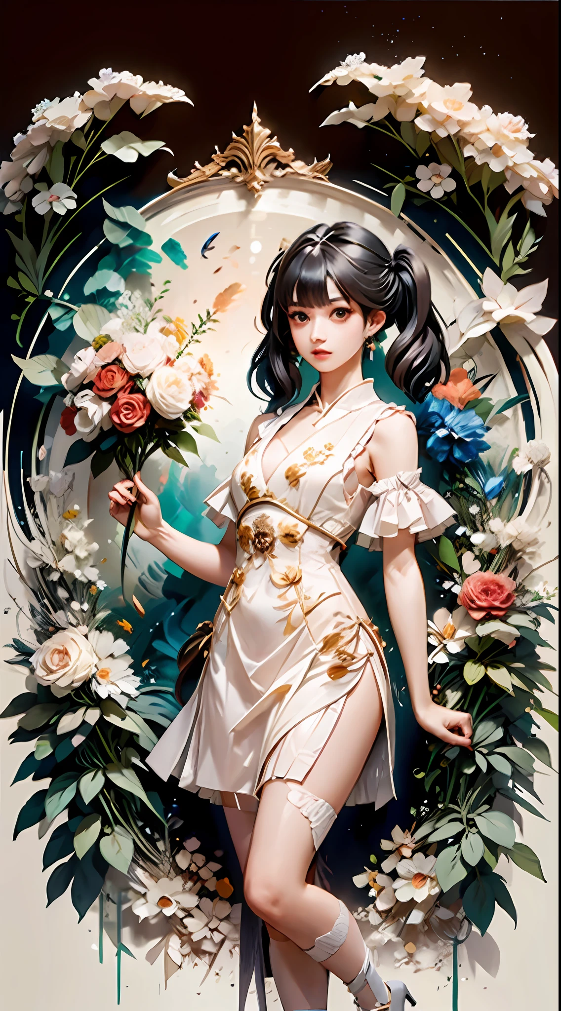 girl,full body,(detailed face:1.2), masterpiece, fashion,chinese dress,, medium hair, black hair, twintails, blunt bangs, brown eyes,