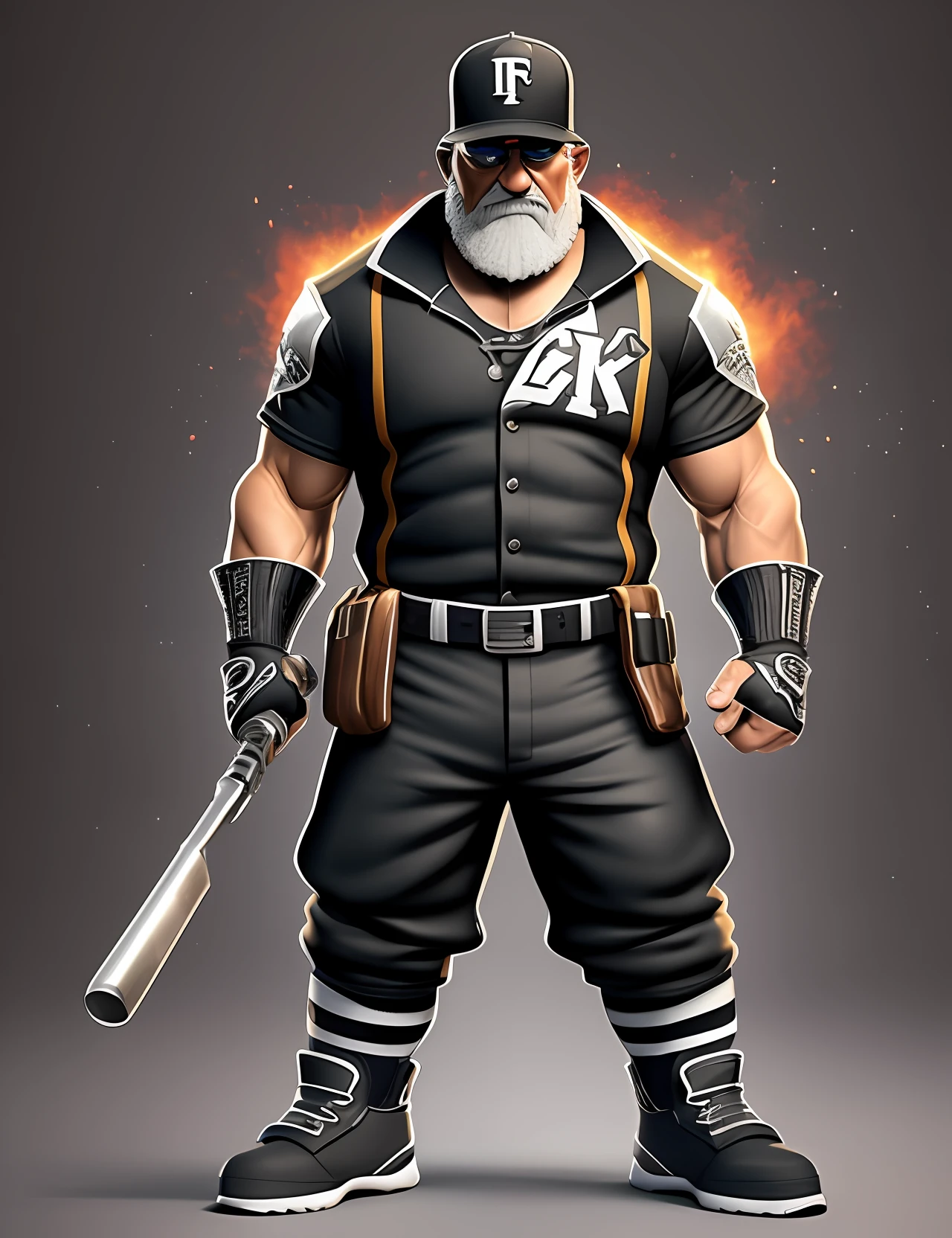 Create a 3D 8K cartoon of an angry, full-body, well-muscled old man with crusador arms and a black baseball player's jacket and cap on his head. Make sure the resulting image has a cartoonish look, with vibrant colors and soft edges. Add details to give the old man an angry look, like furrowed brows and a tight mouth. Make sure that the black shirt striped with white is an important element of the image, and add details to make it attractive and interesting. Add textures and details to make the image more realistic, such as the appearance of the shirt's texture and the appearance of the skin. Make sure the resulting image is high resolution, 8K quality." --auto --s2