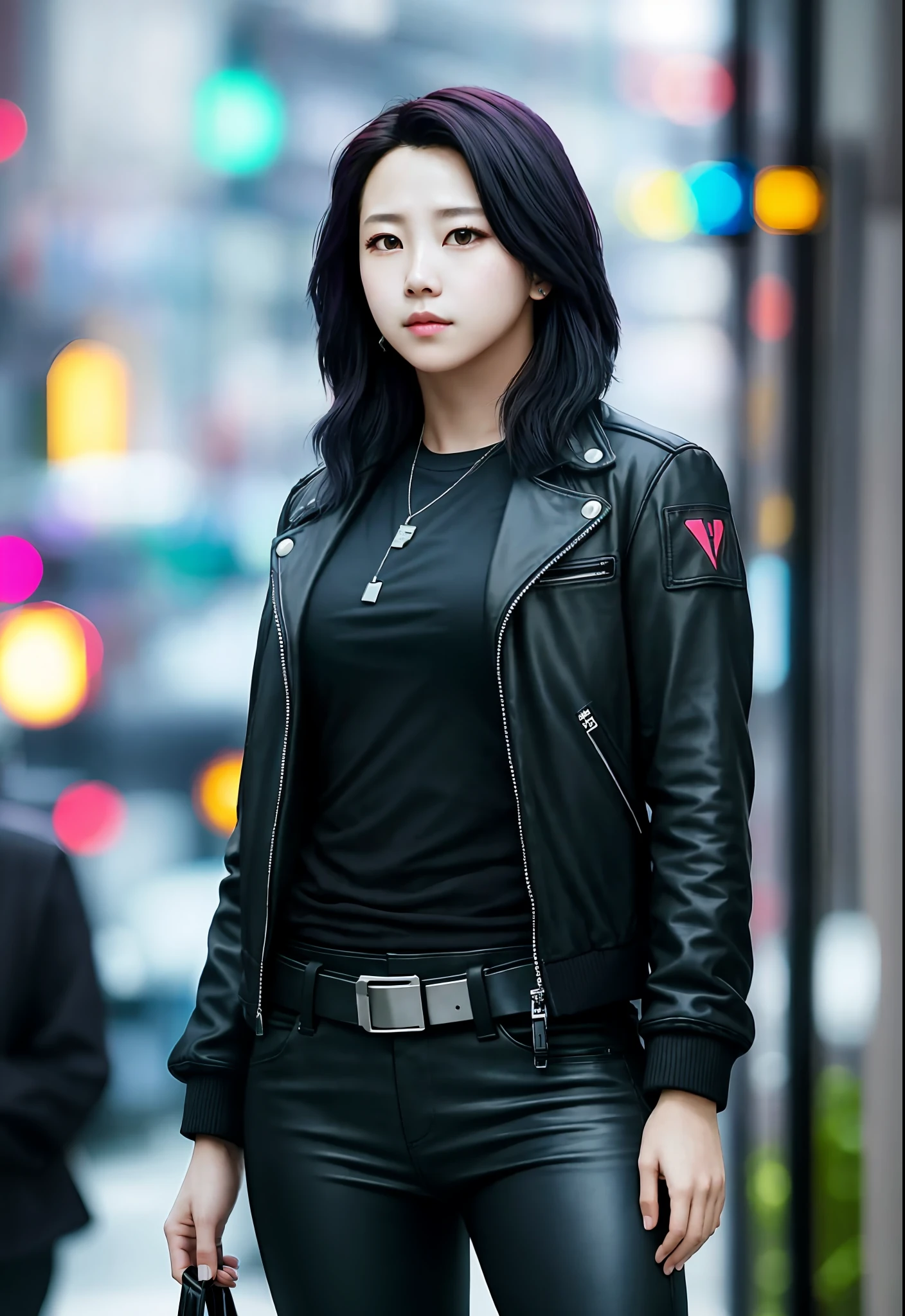 "artwork with Twce Chaeyoung, Cyberpunk 2077 style, dark background with colorful lighting and depth effect, focus on Twce Chaeyoung, holster around the waist, muscular, pants, short hair"