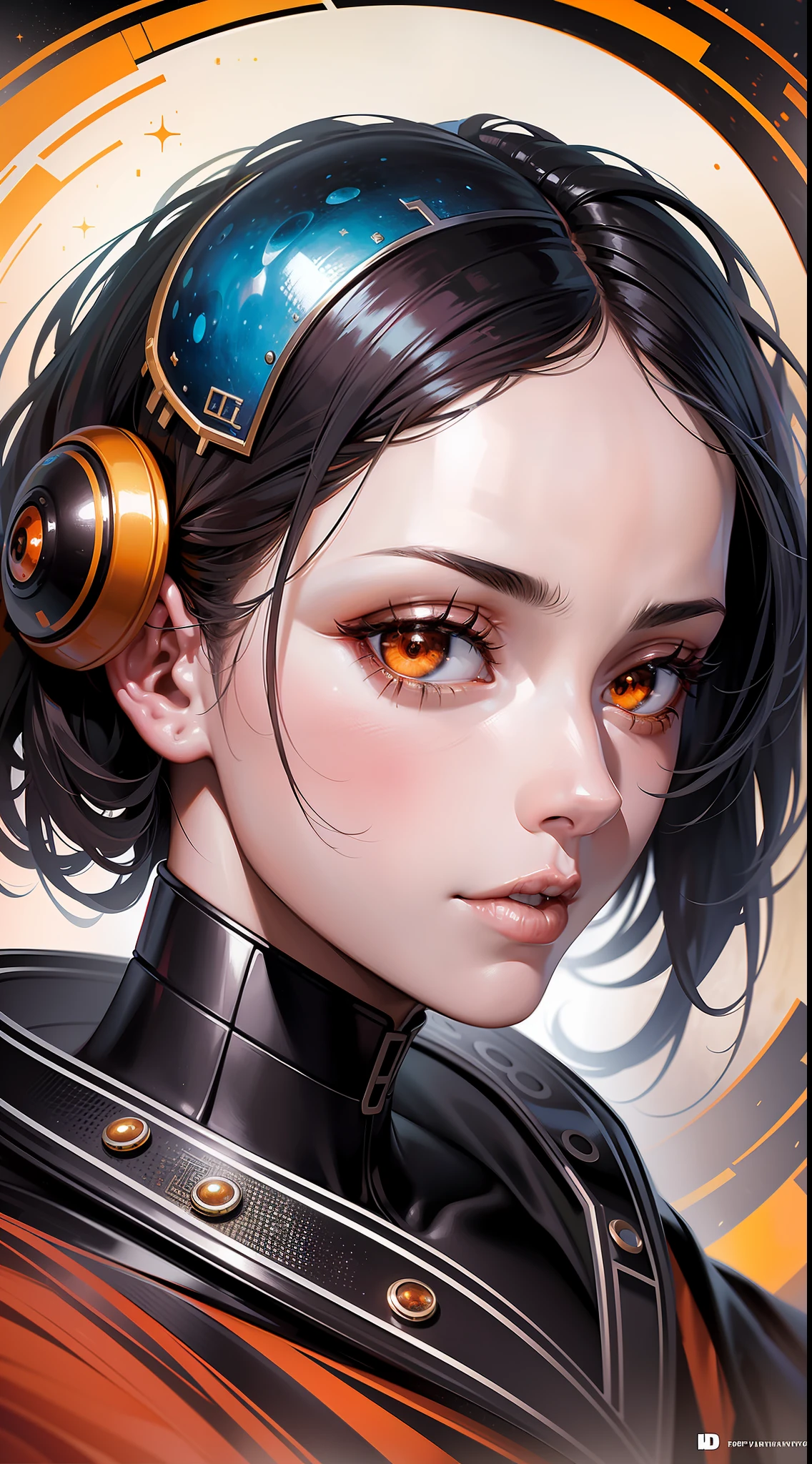 Generate a hyperrealistic close-up portrait of a beautiful cyborg with orange and white elements, rendered in a stunning artistic style reminiscent of Simon Prades, Huang Guangjian, Russ Mills, and Shaun Ryken. The scene should feature a trippy sci-fi art brain in the background, with a celestial ambiance. The image should be in UHD resolution (8k) and exhibit heavy metal editorial art elements, with a complex and hyper-detailed composition. Inspired by the modern surrealistic masterpiece by Dan Mumford.