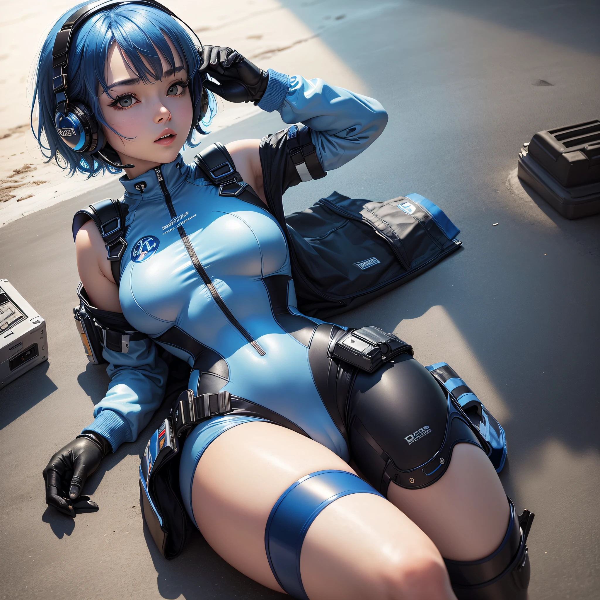 (masterpiece, highest quality, highest resolution, distinct_image, detailed details): (Solo, Girl Alone, Face Is Japan, Blue Haired Girl, Short Hair, Full Body, Sideways, Small Size Breasts, Sparkly Blue Color Eyes, Pilot Suit in Metallic Tone White and Blue, Black Color, Tight Fit Clothes, Full Body Covering Clothes, Beauty, Slim Body, Exoskeleton, Boots, Heroine, Lying on Your Back Open legs, arm-length gloves, headset)