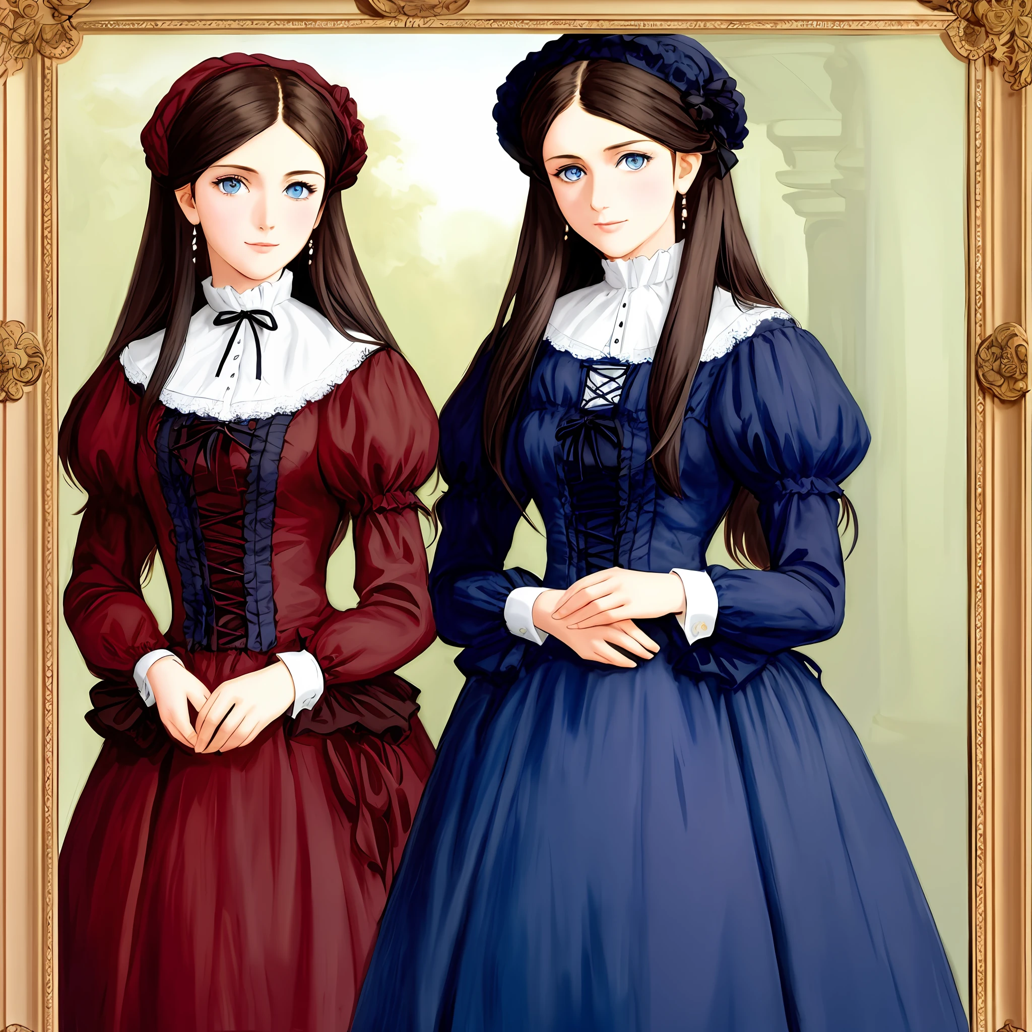 portrait of a two young women, twin sisters, dark brown hair, blue eyes, looking at viewer, victorian dress, H.R. Millar