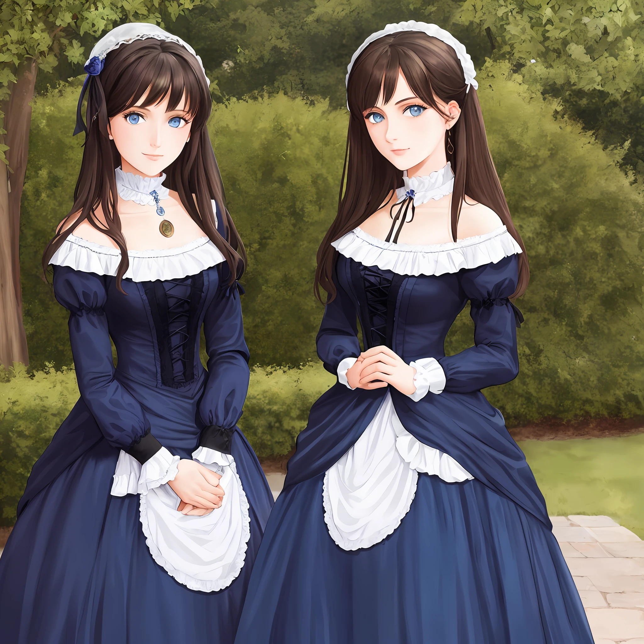 portrait of a two young women, twin sisters, dark brown hair, blue eyes, looking at viewer, victorian dress, H.R. Millar