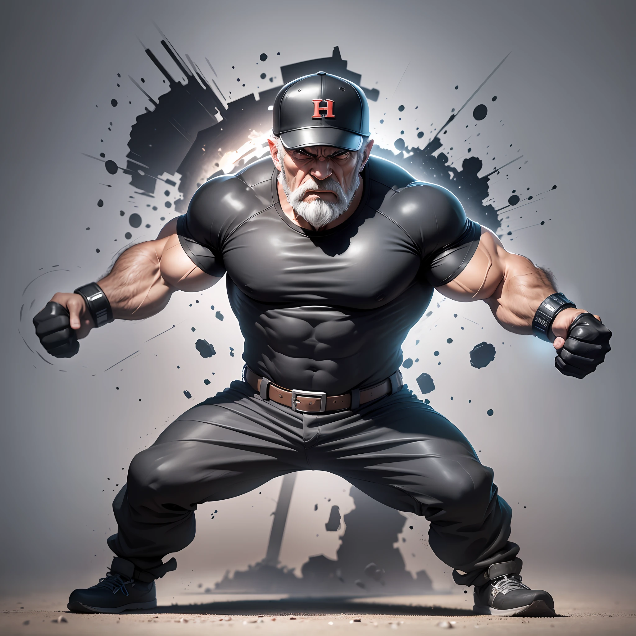 Create a 3D 8K cartoon of an angry, full-body, well-muscled old man with crusador arms and a black baseball player's jacket and cap on his head. Make sure the resulting image has a cartoonish look, with vibrant colors and soft edges. Add details to give the old man an angry look, like furrowed brows and a tight mouth. Make sure that the black shirt striped with white is an important element of the image, and add details to make it attractive and interesting. Add textures and details to make the image more realistic, such as the appearance of the shirt's texture and the appearance of the skin. Make sure the resulting image is high resolution, 8K quality." --auto --s2