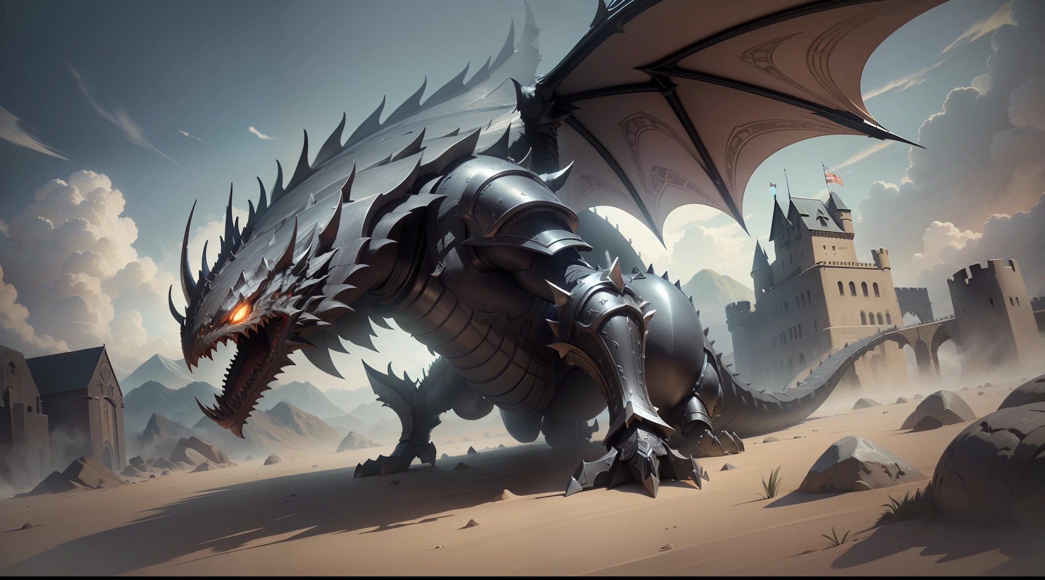 black dragon in armor attacking the enemy, background castle, Extremely detailed computer graphics Unity 8K Wallpaper Masterpiece Best Quality: 1.2 High Resolution Figure: 1.1 Cinematic Lighting: 1.1 Fine Detail Intricate details Best Illustration 8K Resolution Realistic Super Detailed Better Lighting Best Shadow Ultra HD CryEngine Detailed Reflection Detailed Shadows Intricate Details Smooth Perfect Shading High-quality metallic texture  Metallic luster Highly detailed illustration Semi-realism: 1.6 Wide-angle shot: 1.2 Bottom Dutch angle, dynamics, action