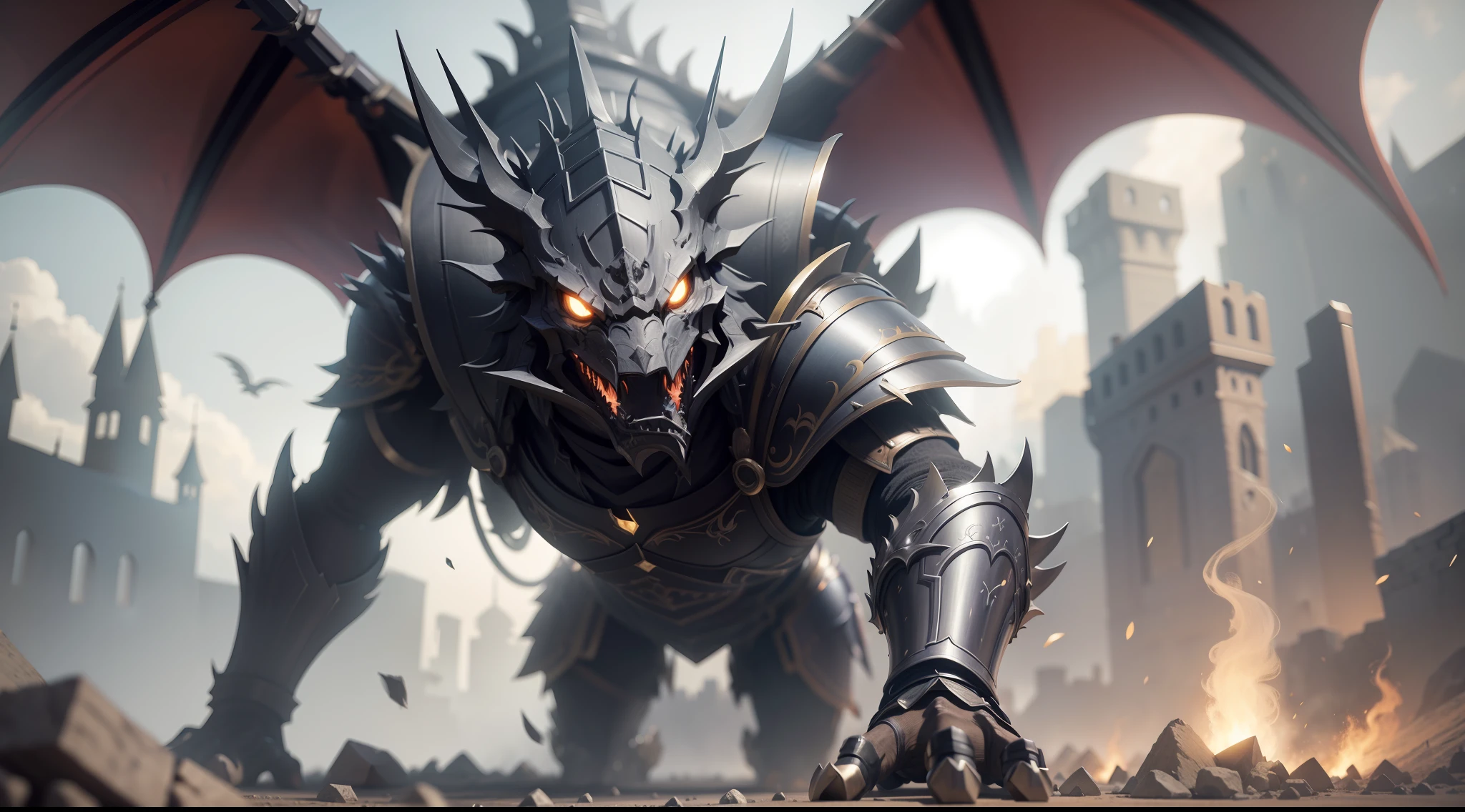 black dragon in armor attacking the enemy, background castle, Extremely detailed computer graphics Unity 8K Wallpaper Masterpiece Best Quality: 1.2 High Resolution Figure: 1.1 Cinematic Lighting: 1.1 Fine Detail Intricate details Best Illustration 8K Resolution Realistic Super Detailed Better Lighting Best Shadow Ultra HD CryEngine Detailed Reflection Detailed Shadows Intricate Details Smooth Perfect Shading High-quality metallic texture  Metallic luster Highly detailed illustration Semi-realism: 1.6 Wide-angle shot: 1.2 Bottom Dutch angle, dynamics, action
