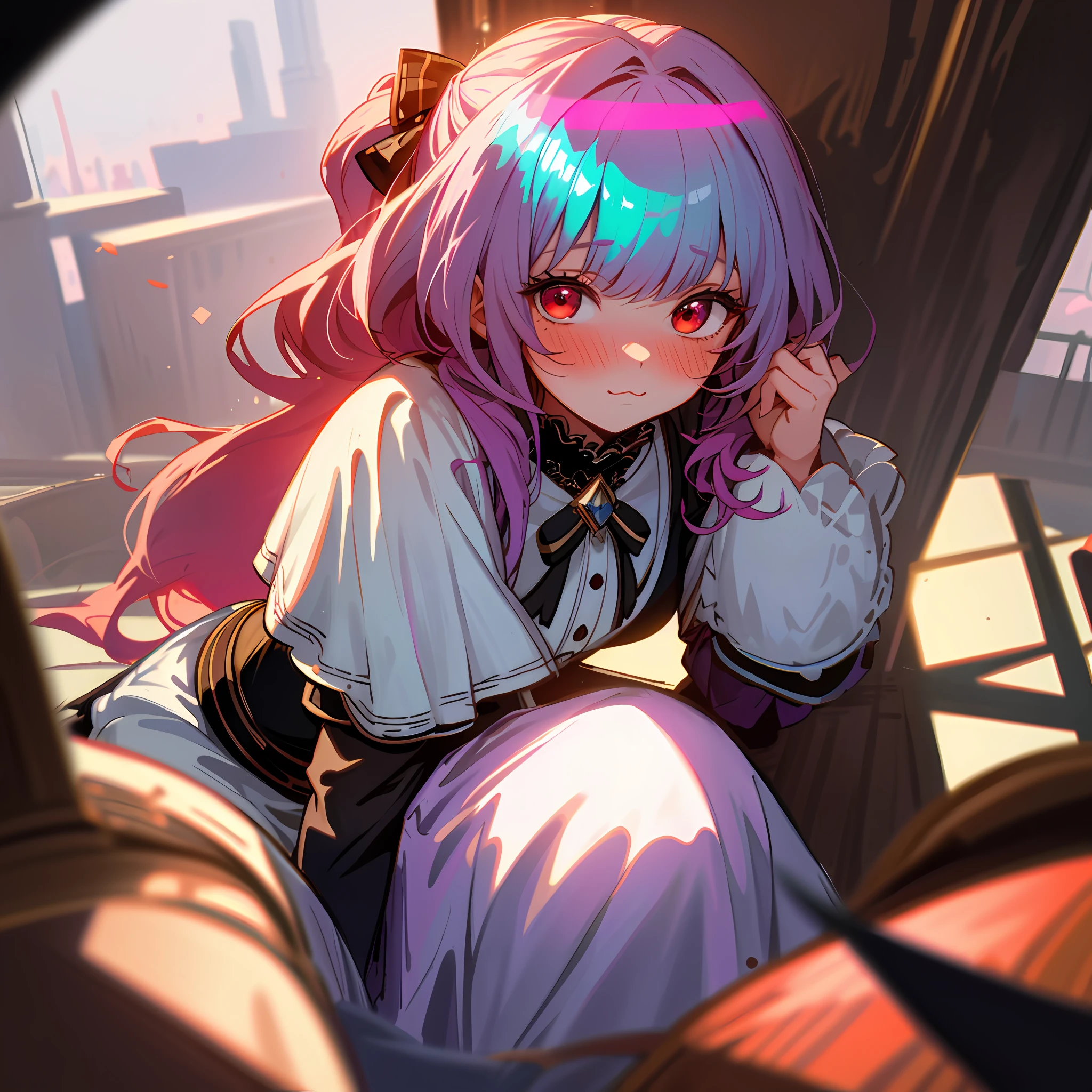 1girl,solo, absurdres, fullbody,Natural Volumetric Lighting And Best Shadows, (view from top, bent over, looking at viewer), Deep Depth Of Field, Sharp Focus, Portrait Of Stunningly Beautiful shy Girl, Soft Delicate Beautiful Attractive Face With Alluring red Eyes, blushing, embarrassed, :3 , adorable hairstyle,, Thick Layered Absurdly Long Hairstyles, Blush Eyeshadow With Thick Eyelashes, Into Wonderland, fantasy candy world city,(muted, Dreamy vibes,) (Highest Quality, Amazing Details:1.4), Masterpiece, Bloom, Picturesque, Brilliant Colorful Paintings
