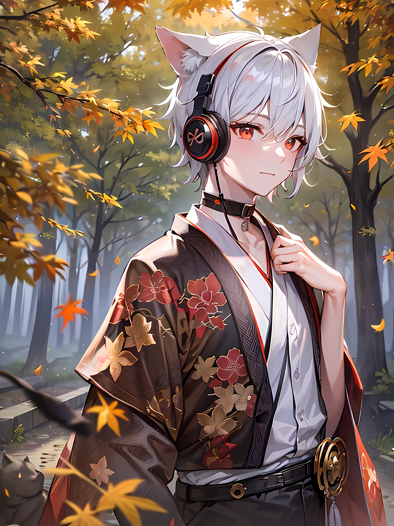 masterpiece, best quality,(1boy), beautiful eyes, red eyes, floating hair,forest, autumn, temple, japanese forest, looking at viewer, standing, cloud, bird, reaching out, light smile,male focus,silver hair, red strand, long strands,beautiful eyes, the man,cat ears,looking at viewer, expressionless, naked, sunlight, enchanted, nature, Maple trees,floating maple leaf, light particles, cloudy sky, orange sky, wind, maple leaves, Japanese orange kimono with maple leaves,,headphones, black choker, necklac ,back turned,katana on the belt