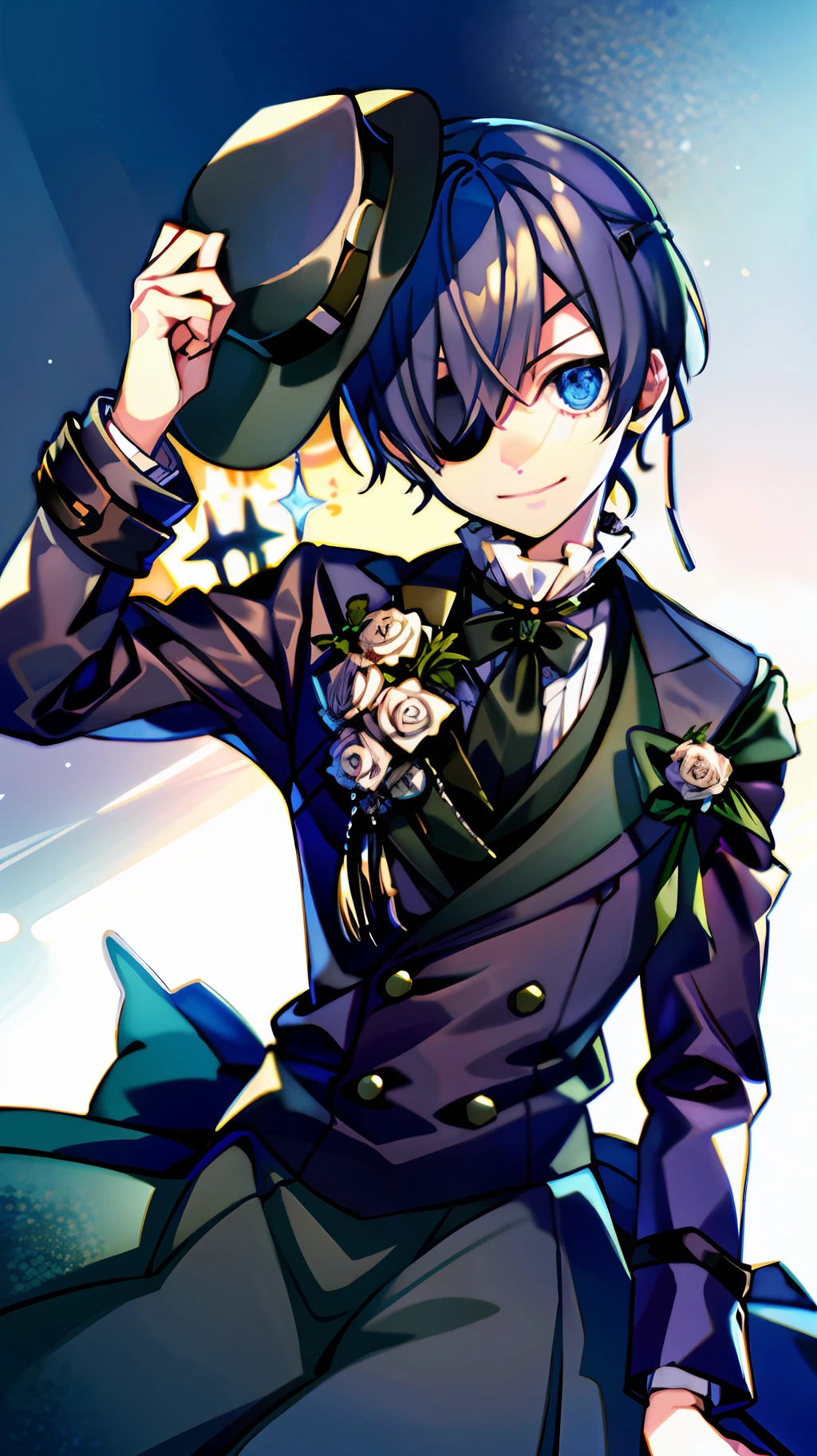 best quality, masterpiece, cielv2, 1boy, solo, looking at viewer, light smile, hat, coat, formal,
