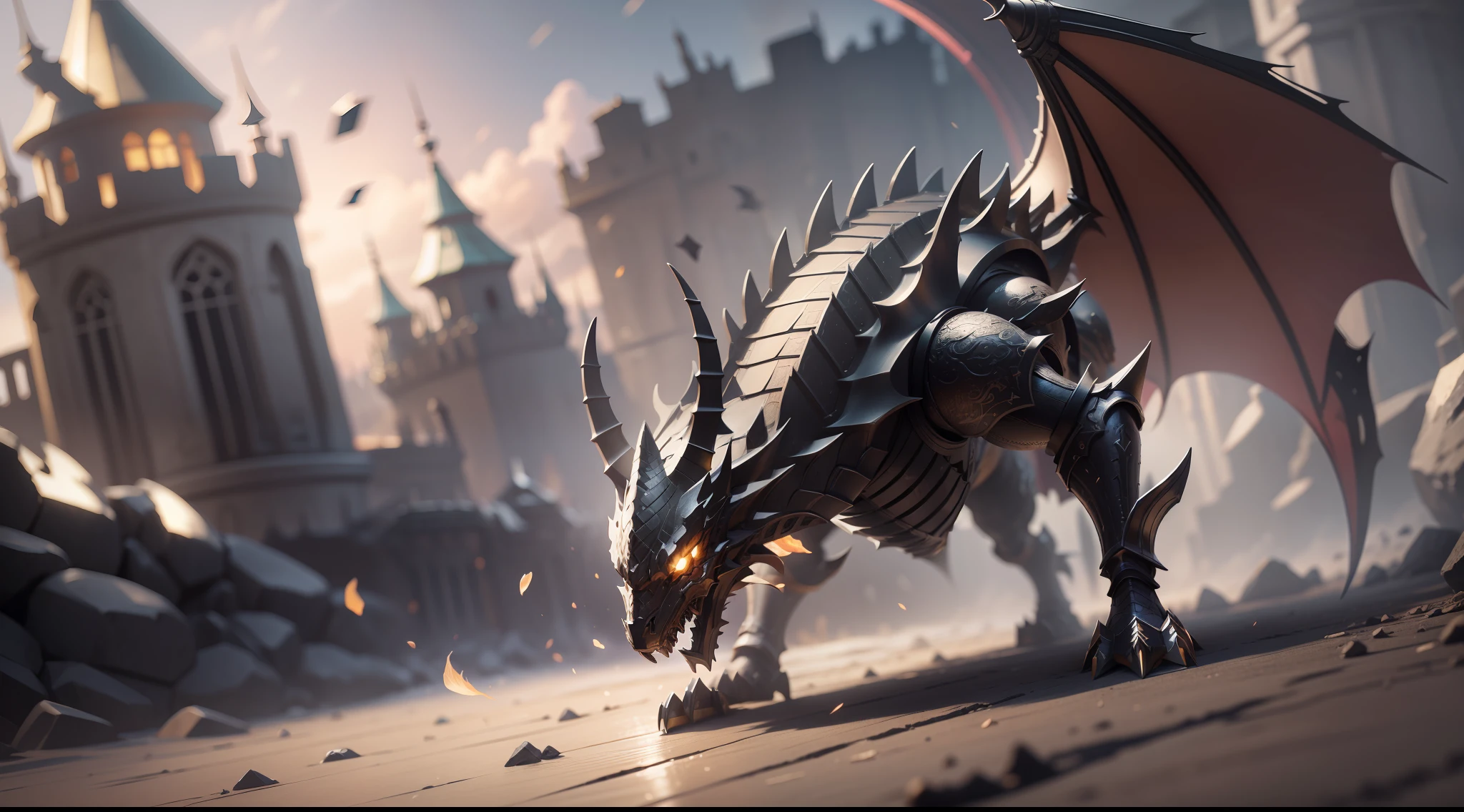 black dragon in armor attacking the enemy, background castle, Extremely detailed computer graphics Unity 8K Wallpaper Masterpiece Best Quality: 1.2 High Resolution Figure: 1.1 Cinematic Lighting: 1.1 Fine Detail Intricate details Best Illustration 8K Resolution Realistic Super Detailed Better Lighting Best Shadow Ultra HD CryEngine Detailed Reflection Detailed Shadows Intricate Details Smooth Perfect Shading High-quality metallic texture Metallic luster Highly detailed illustration Semi-realism: 1.6 Wide-angle shot: 1.2 Bottom Dutch angle, dynamics, action