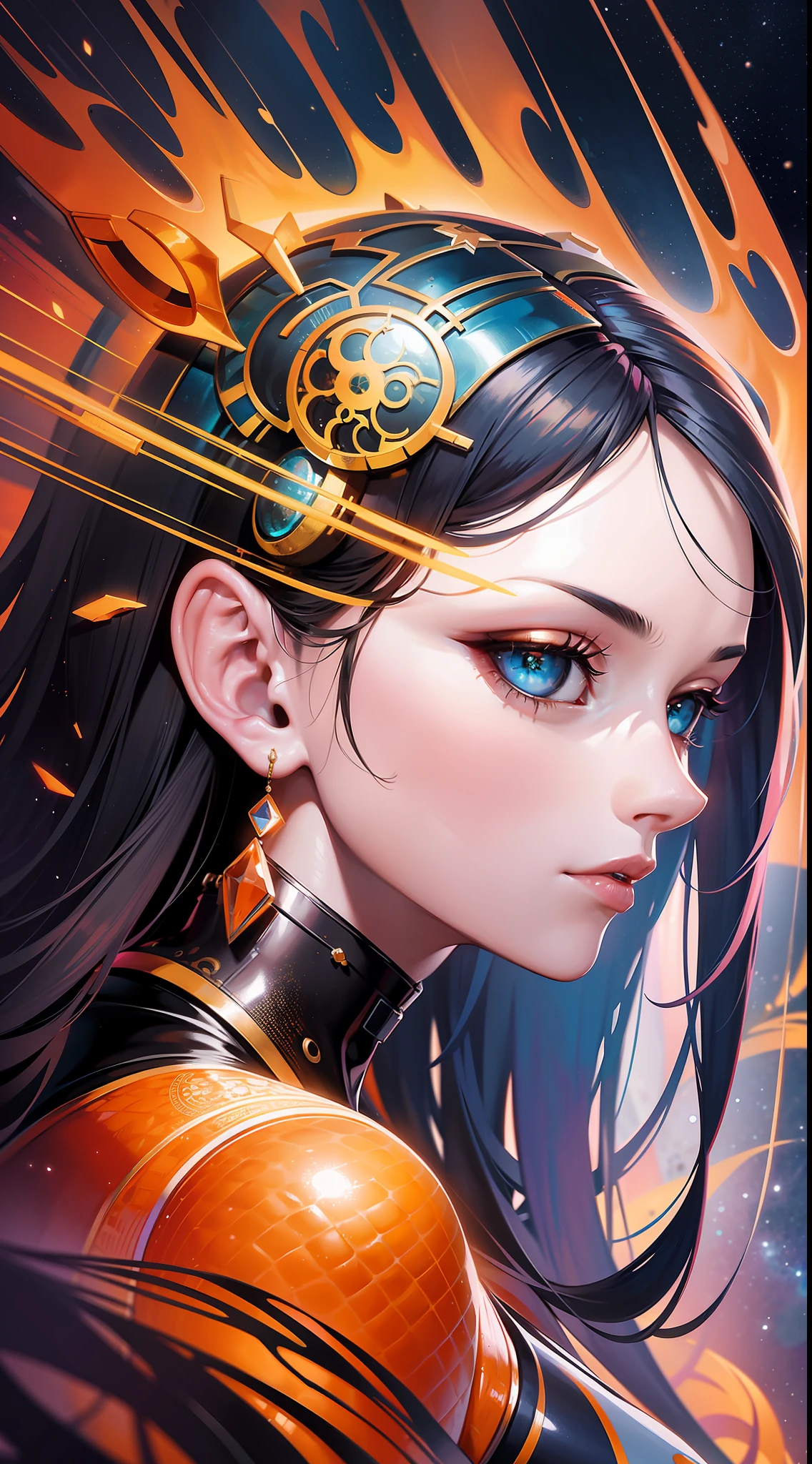 Generate a hyperrealistic close-up portrait of a beautiful cyborg with orange and white elements, rendered in a stunning artistic style reminiscent of Simon Prades, Huang Guangjian, Russ Mills, and Shaun Ryken. The scene should feature a trippy sci-fi art brain in the background, with a celestial ambiance. The image should be in UHD resolution (8k) and exhibit heavy metal editorial art elements, with a complex and hyper-detailed composition. Inspired by the modern surrealistic masterpiece by Dan Mumford.