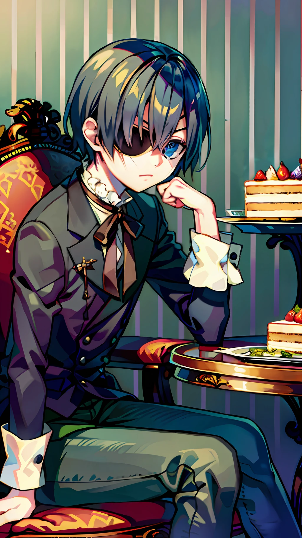best quality, masterpiece,  cielv2, 1boy, solo, sitting, table, cake slice, looking at viewer, eyepatch,