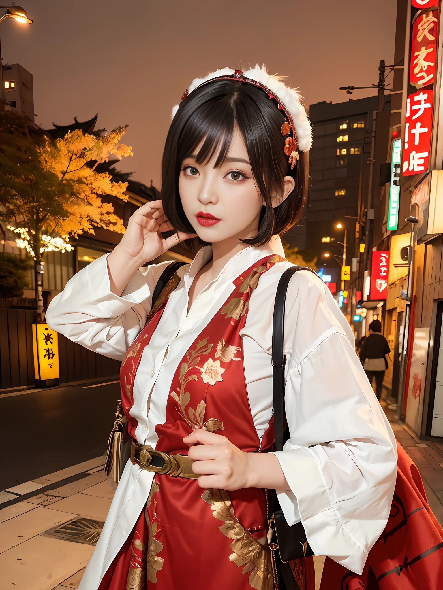1girl, Tokyo Street, Night, Cityscape, City Lights, Upper Body, Close Up, 8k, RAW Photo, Best Quality, Masterpiece, Realism, Realism, Red Rose Headdress, Split Bangs, Short Hair, Big Waves, White Hair Color, Lipstick,