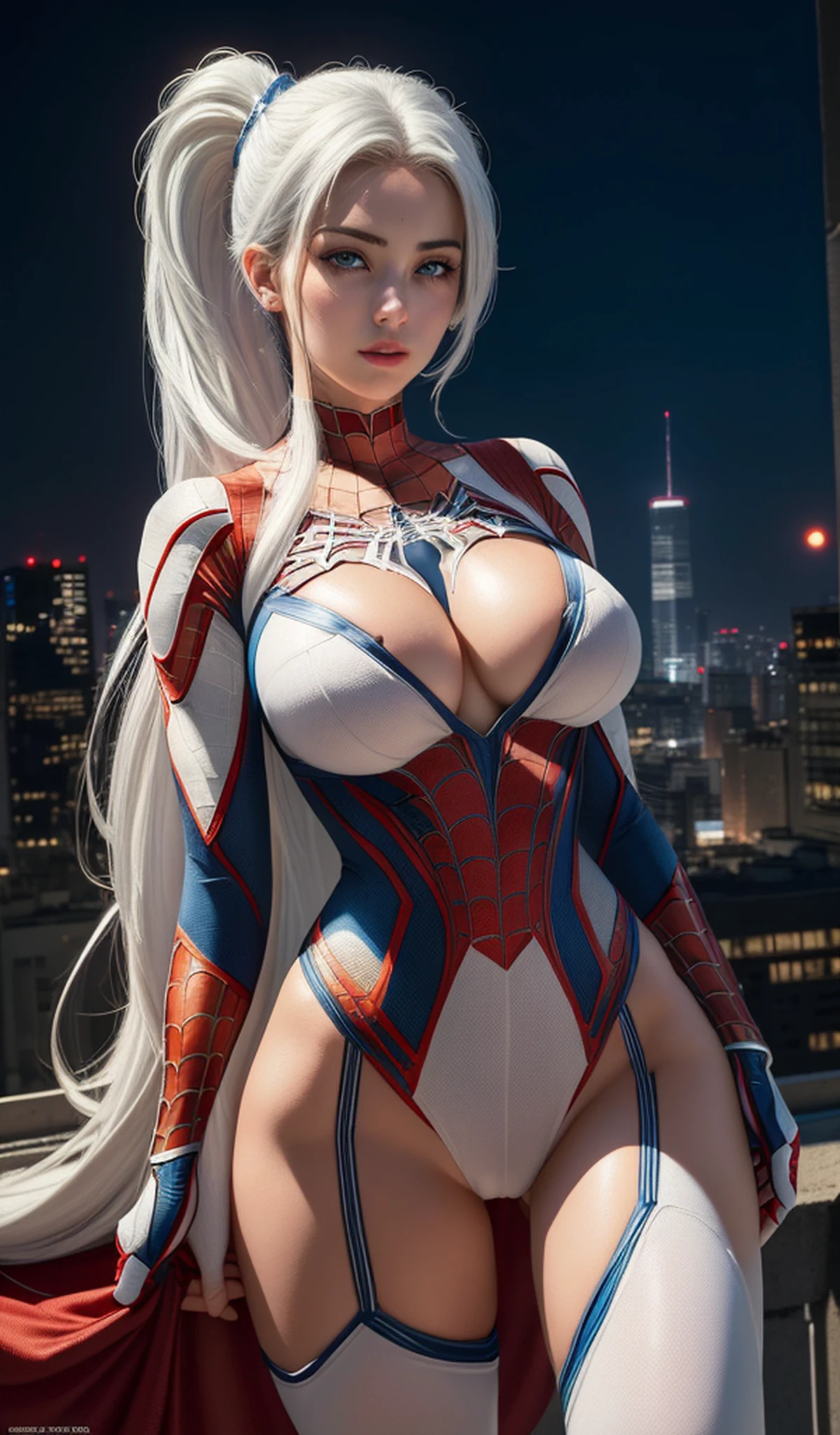 (masterpiece:1.4), (8k, photorealistic, RAW photo, best quality: 1.4), japanese, (1girl), beautiful face, (realistic face:1.4), (white hair, ponytailed long hair:1.3), beautiful hairstyle, beautiful detailed eyes, (best ratio eyes:1.5), attractive, ultra high res, ultra realistic, highly detailed, best ratio, (detailed face:1.4), looking at viewer, red lipsticks, (best ratio fingers:1.5), (White superhero theme, charismatic, there's a girl on top of town, wearing transparent lingerie Spider-Man costume, she's a superhero), [ ((25 years), full body, (realistic blue eyes:1.2), ((Spider-Man pose), show of strength, jumping from one building to another), ((sandy urban environment):0.8)| (cityscape, at night, dynamic lights), (full moon))] # Explanation: The Prompt mainly describes a 4K painting of ultra-high definition, very realistic, very detailed. It shows a superheroine at the top of the city, wearing a Spider-Man costume. The theme in the painting is a white superhero theme, the female protagonist has long white hair, is 25 years old and her entire body is shown in the painting. In terms of portraying the actions of superheroines, spiders are employed, (no bra:1.4), perky_nipples, ((exposed_nipples, exposed breasts, high proportional realistic breasts, realistic big breasts):1.4), (closed mouth:1.4), (camel_toe_pussy:1.4), innie_pussy,