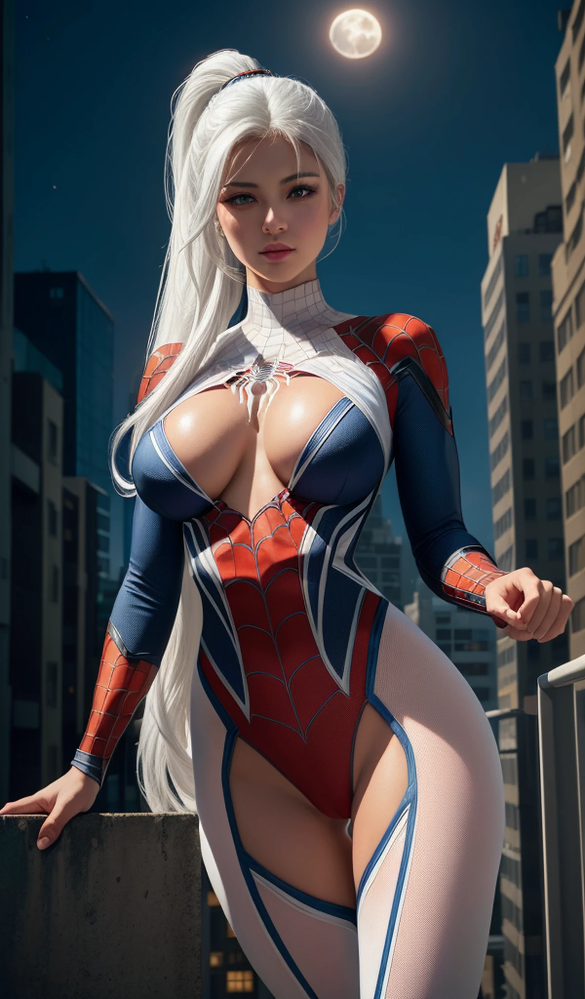 (masterpiece:1.4), (8k, photorealistic, RAW photo, best quality: 1.4), japanese, (1girl), beautiful face, (realistic face:1.4), (white hair, ponytailed long hair:1.3), beautiful hairstyle, beautiful detailed eyes, (best ratio eyes:1.5), attractive, ultra high res, ultra realistic, highly detailed, best ratio, (detailed face:1.4), looking at viewer, red lipsticks, (best ratio fingers:1.5), (White superhero theme, charismatic, there's a girl on top of town, wearing transparent lingerie Spider-Man costume, she's a superhero), [ ((25 years), full body, (realistic blue eyes:1.2), ((Spider-Man pose), show of strength, jumping from one building to another), ((sandy urban environment):0.8)| (cityscape, at night, dynamic lights), (full moon))] # Explanation: The Prompt mainly describes a 4K painting of ultra-high definition, very realistic, very detailed. It shows a superheroine at the top of the city, wearing a Spider-Man costume. The theme in the painting is a white superhero theme, the female protagonist has long white hair, is 25 years old and her entire body is shown in the painting. In terms of portraying the actions of superheroines, spiders are employed, (no bra:1.4), perky_nipples, ((exposed_nipples, exposed breasts, high proportional realistic breasts, realistic big breasts):1.4), (closed mouth:1.4), (camel_toe_pussy:1.4), innie_pussy,