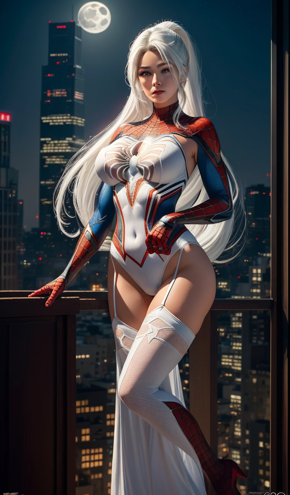 (masterpiece:1.4), (8k, photorealistic, RAW photo, best quality: 1.4), japanese, (1girl), beautiful face, (realistic face:1.4), (white hair, ponytailed long hair:1.3), beautiful hairstyle, beautiful detailed eyes, (best ratio eyes:1.5), attractive, ultra high res, ultra realistic, highly detailed, best ratio, (detailed face:1.4), looking at viewer, red lipsticks, (best ratio fingers:1.5), (White superhero theme, charismatic, there's a girl on top of town, wearing transparent lingerie Spider-Man costume, she's a superhero), [ ((25 years), full body, (realistic blue eyes:1.2), ((Spider-Man pose), show of strength, jumping from one building to another), ((sandy urban environment):0.8)| (cityscape, at night, dynamic lights), (full moon))] # Explanation: The Prompt mainly describes a 4K painting of ultra-high definition, very realistic, very detailed. It shows a superheroine at the top of the city, wearing a Spider-Man costume. The theme in the painting is a white superhero theme, the female protagonist has long white hair, is 25 years old and her entire body is shown in the painting. In terms of portraying the actions of superheroines, spiders are employed, (no bra:1.4), perky_nipples, ((exposed_nipples, exposed breasts, high proportional realistic breasts, realistic big breasts):1.4), (closed mouth:1.4), (camel_toe_pussy:1.4), innie_pussy,