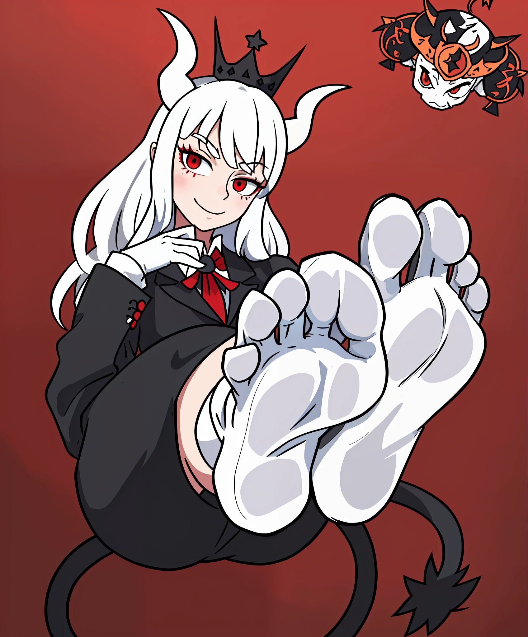 white hair, white horns, black crown, red eyes, smirk, white gloves, suit, demon tail, feet, hd, highres