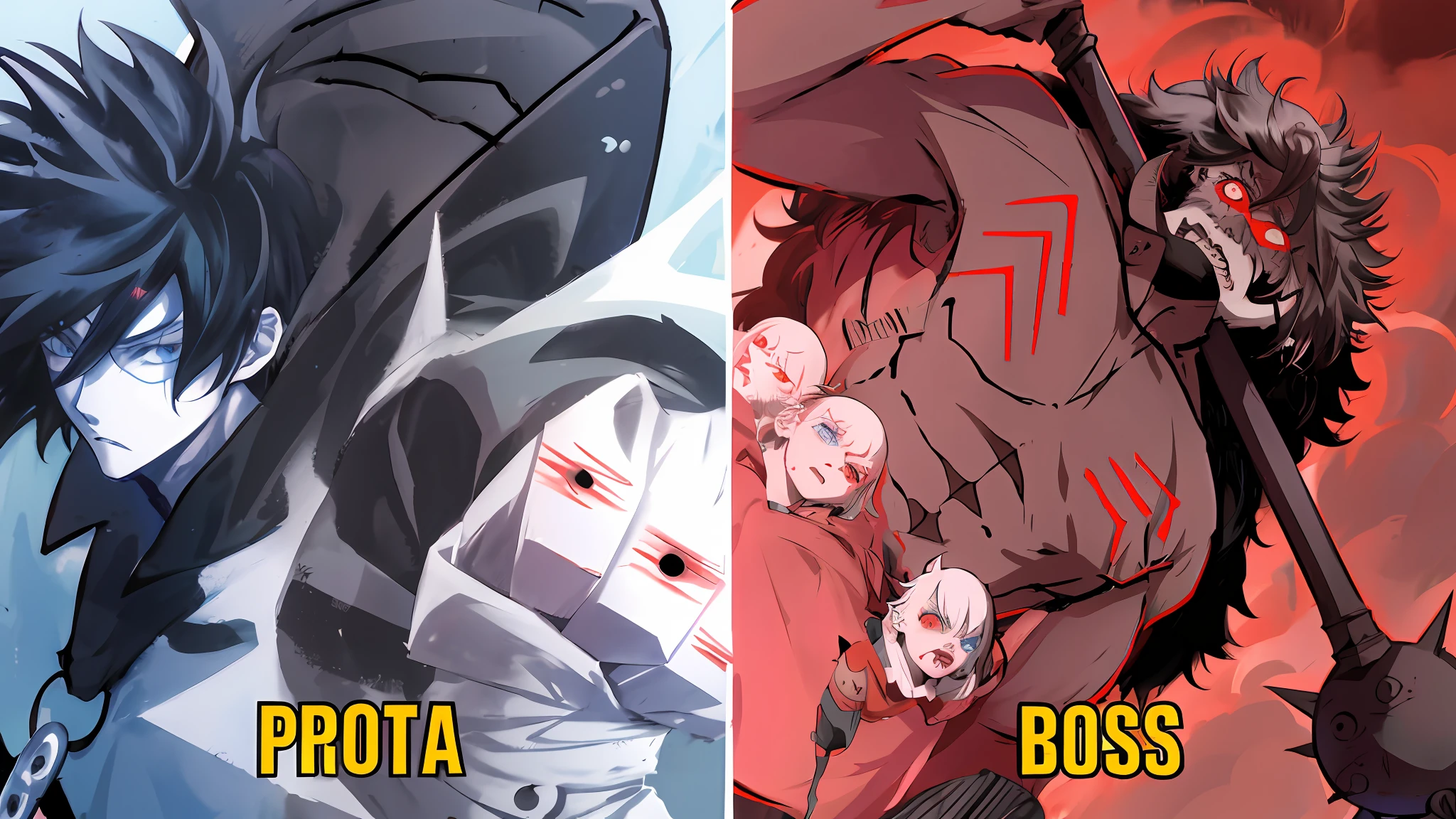 anime characters with different expressions and expressions in their faces, as an ugly titan, oda non, two different characters, most strongest pose, bara, berserk style, in the anime series ergo proxy, same body, accurate depiction, persona 5 phantom thief style, split screen, rob rey and kentaro miura style, featured art, (attack on titans anime)