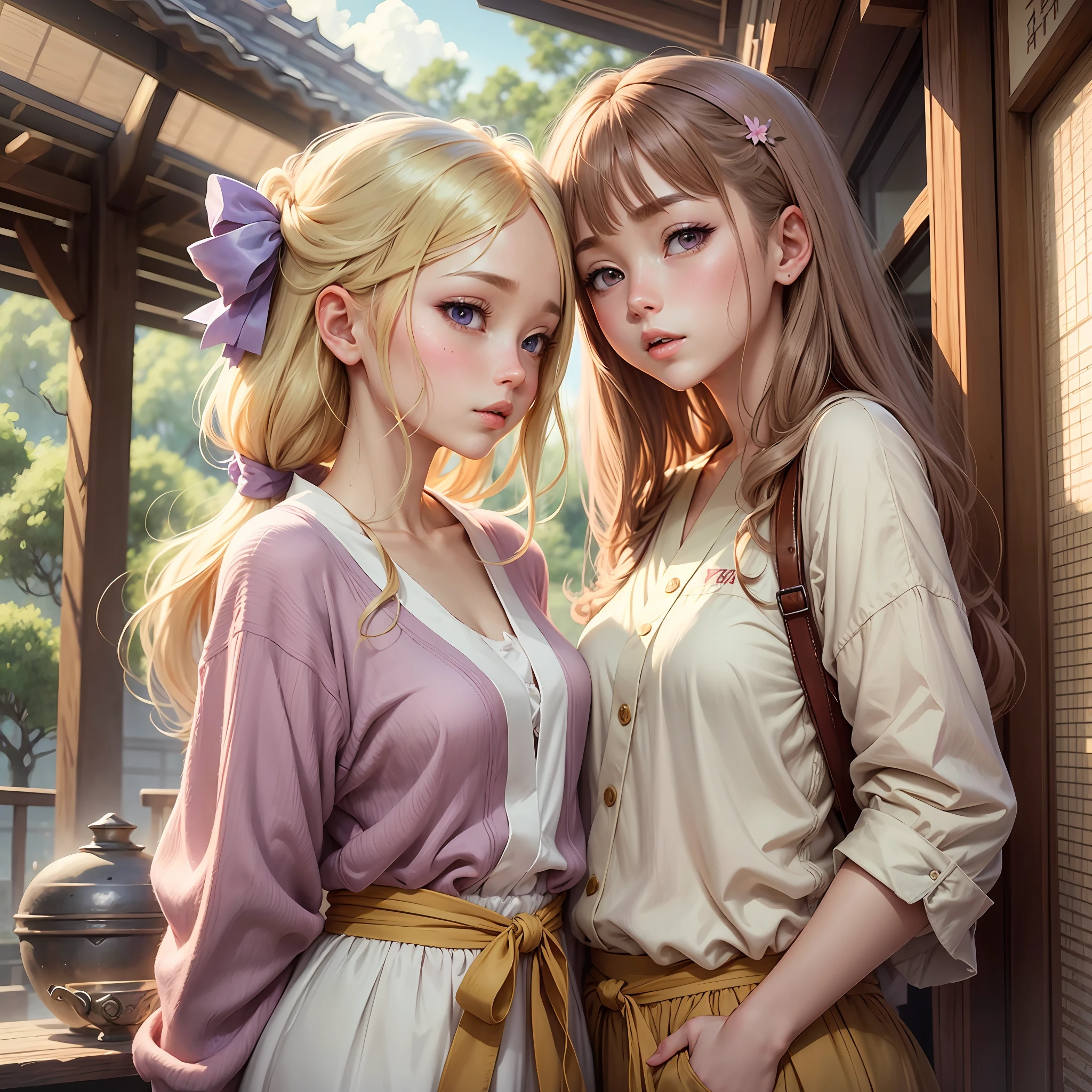 Masterpiece, anime, 2 girls, light blonde hair and lilac eyes, brown hair and brown eyes, Japanese animation, manga --auto --s2