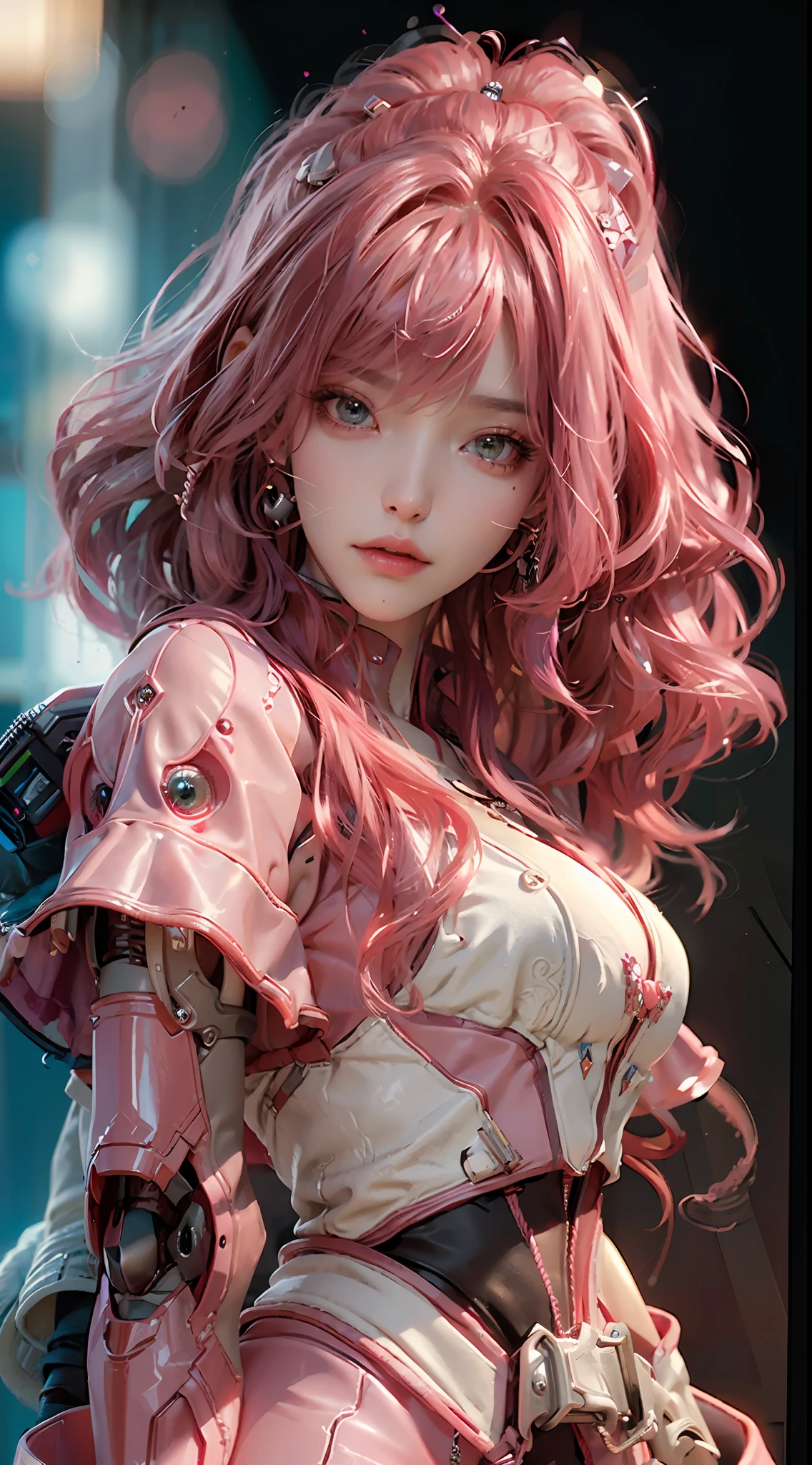 ((Best quality)), ((masterpiece)), (detailed: 1.4), 3D, an image of a beautiful cyberpunk woman realistic woman with long pink hair wearing shiny black armor, detailed sexy look