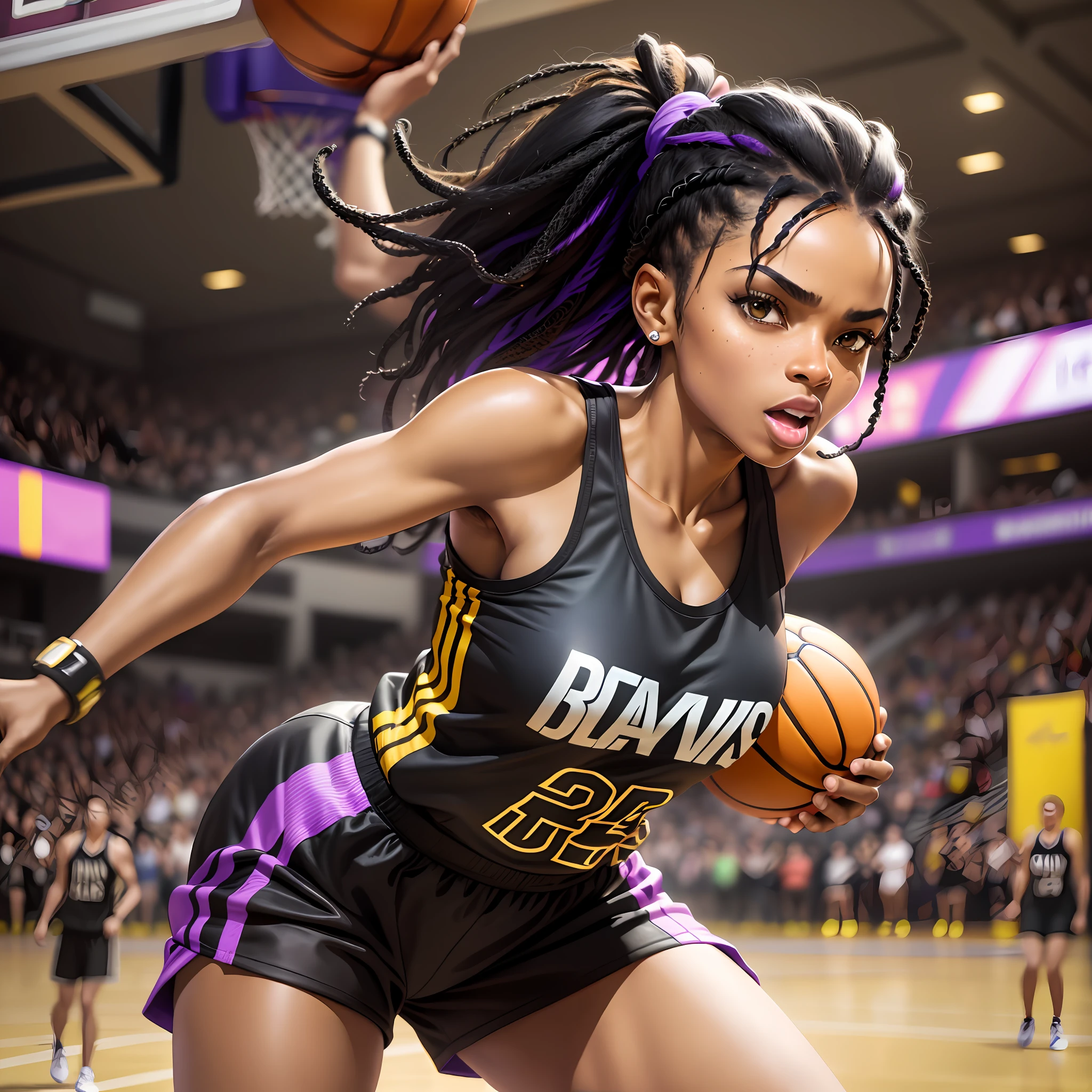 Black woman, black power hair, jumping towards camera, dunk, (seen from the front), black and gold tank top, basketball regatta, holding a black and purple and neon basketball, royal background, basketball, player, (((masterpiece)))), (((Ultra HD)))