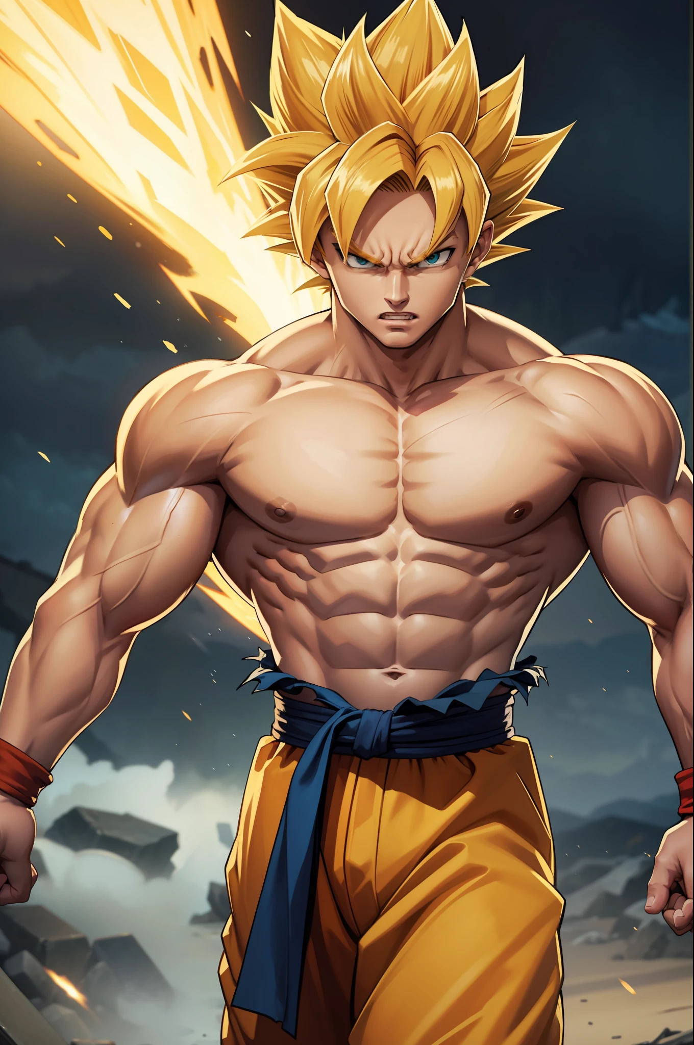 (masterpiece, best quality), intricate details, 8k, artstation, wallpaper, official art, splash art, storm in background, sharp focus, 1boy, (photorealistic:1.2) (bokeh) (best quality) (detailed skin:1.3) (intricate details) (8k) (detailed eyes) (sharp focus) son goku, angry, battle damage, blonde hair, blue sash, clenched teeth, furious, green eyes, male focus, muscular, muscular male, pectorals, sash, solo, spiked hair, super saiyan, super saiyan 1, teeth, topless male, torn clothes, wristband,
