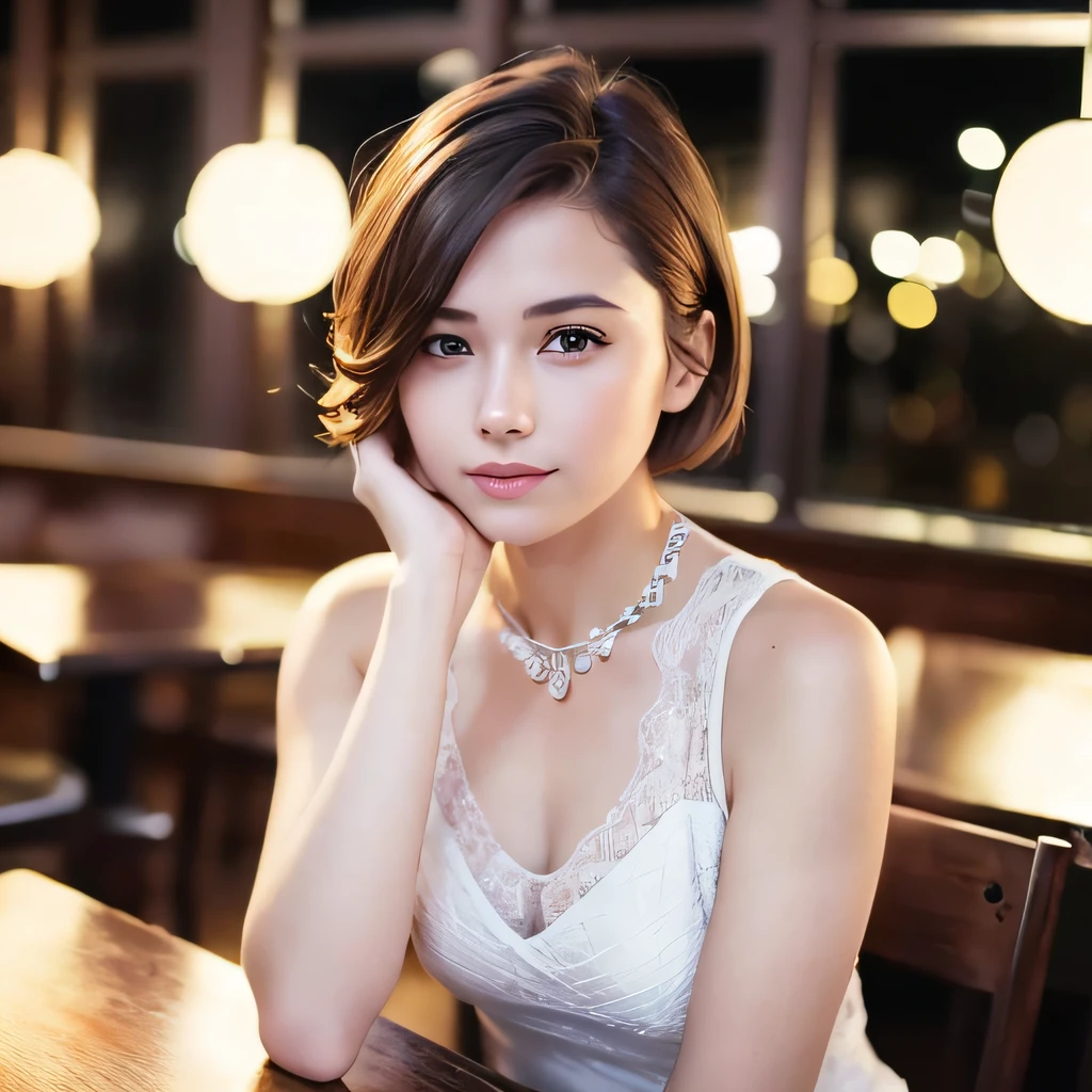 (8k, top quality, masterpiece: 1.2), (realistic, photorealistic: 1.37), super detailed, girl alone, cute, alone, beautiful detailed sky, detailed café, night, sitting, date, (blush), (smile: 1.15),(closed)small,beautiful fine eyes,(short hair:1.2),floating hair NovaFrogStyle,