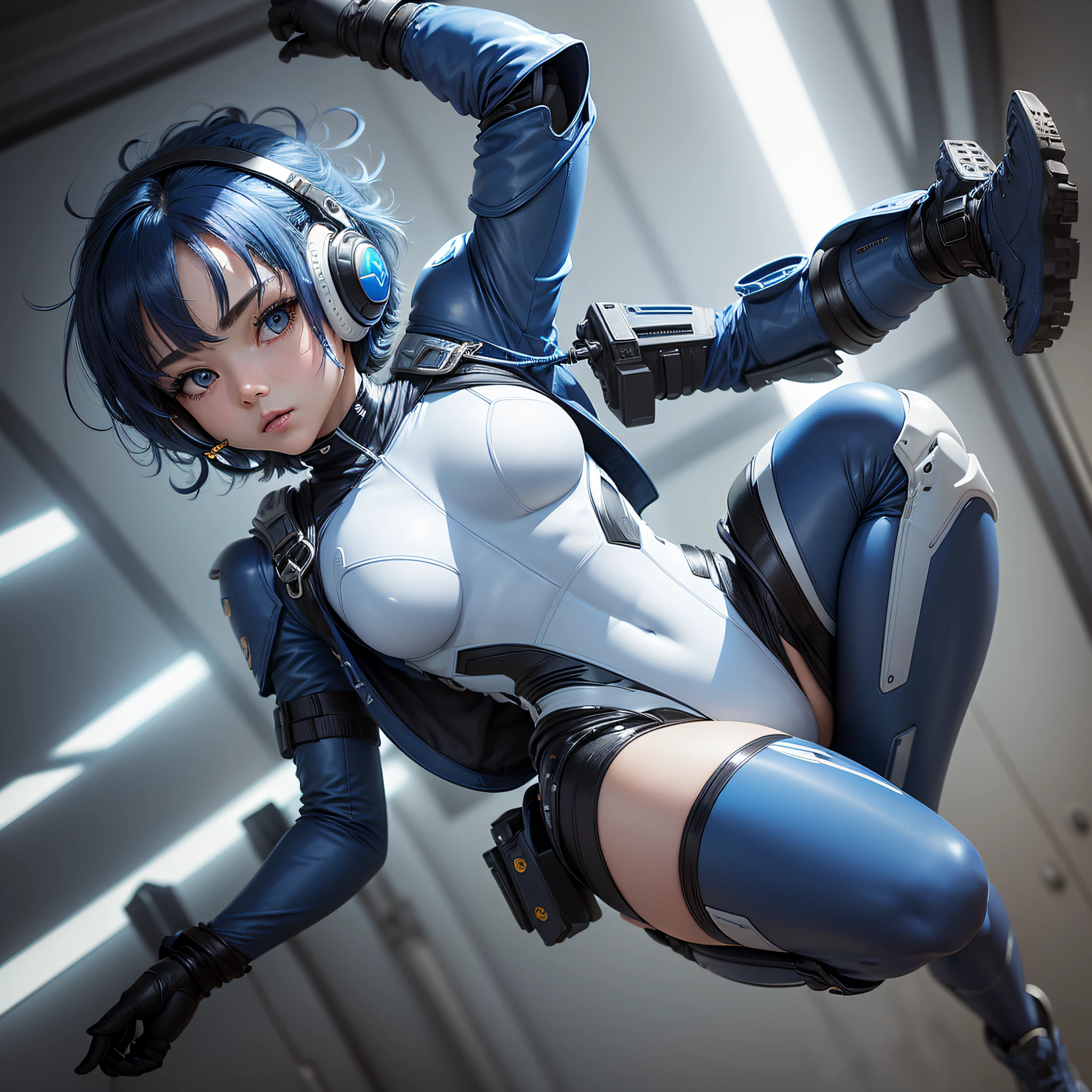 (masterpiece, highest quality, highest resolution, distinct_image, detailed details): (Solo, lone girl, face is Japan, blue haired girl, short hair, full body figure, sideways, small size breasts, sparkling blue colored eyes, pilot suit in metallic tone white and blue, black color pilot suit, tight fit clothes, clothes covering the whole body, beauty, slim body, exoskeleton, boots, heroine, Jumping action, arm-length gloves, headset)