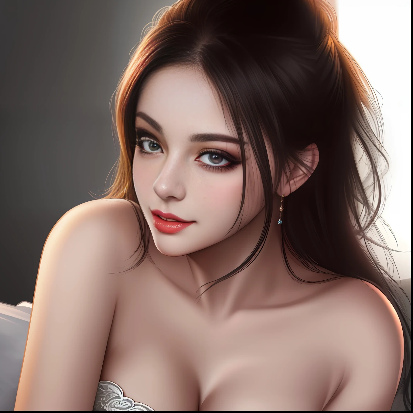 detailed woman face, realistic eyes,sexy smile, coy,, sexily biting lower lip, amazing fine detail, lifelike texture, unreal engine, highres, (extreme detail:1.2) (photorealistic:1.4) (ultra high resolution:1.6)