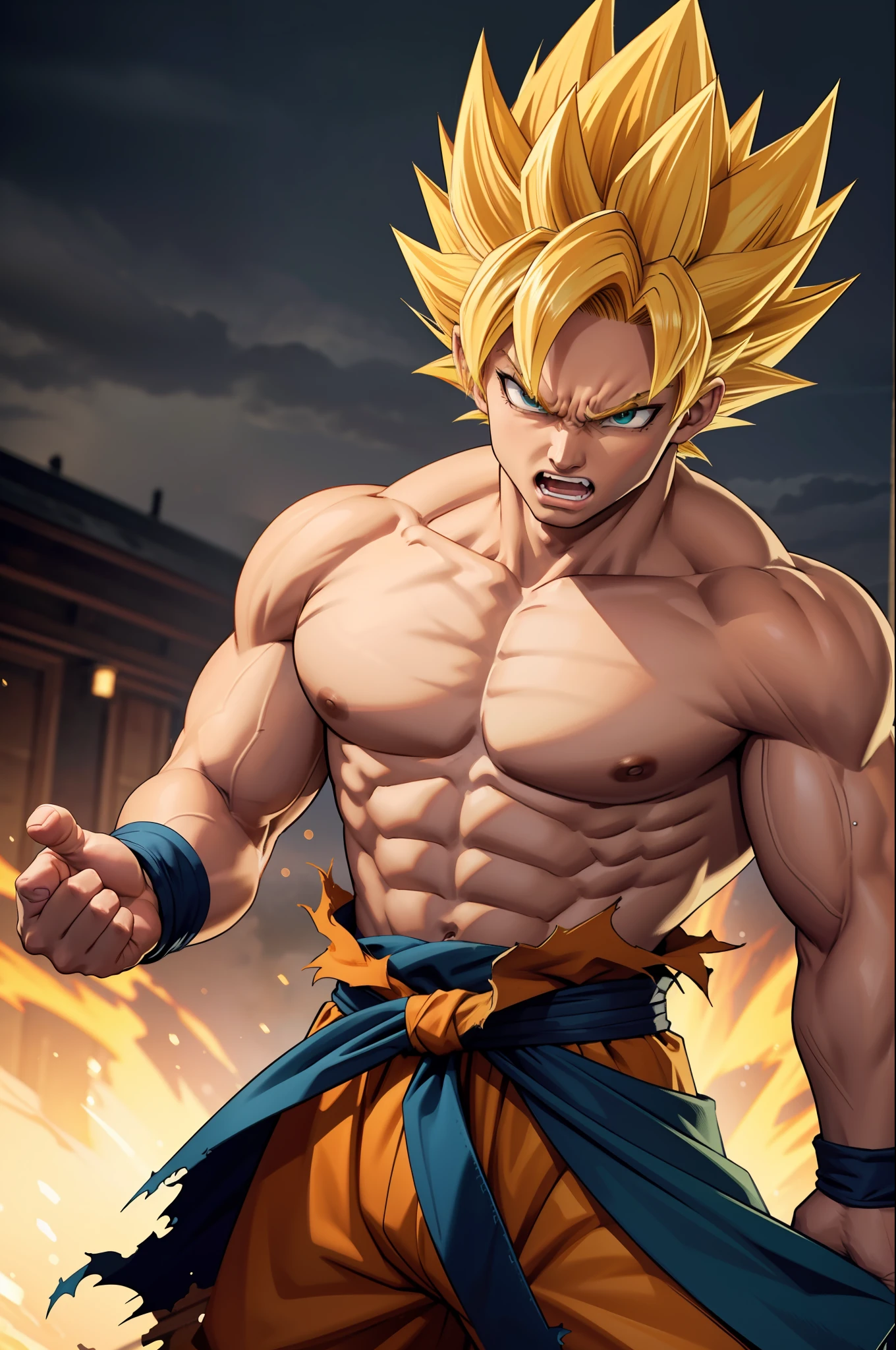 (masterpiece, best quality), intricate details, 8k, artstation, wallpaper, official art, splash art, storm in background, sharp focus, 1boy, (photorealistic:1.2) (bokeh) (best quality) (detailed skin:1.3) (intricate details) (8k) (detailed eyes) (sharp focus) son goku, angry, battle damage, blonde hair, blue sash, clenched teeth, furious, green eyes, male focus, muscular, muscular male, pectorals, sash, solo, spiked hair, super saiyan, super saiyan 1, teeth, topless male, torn clothes, wristband,