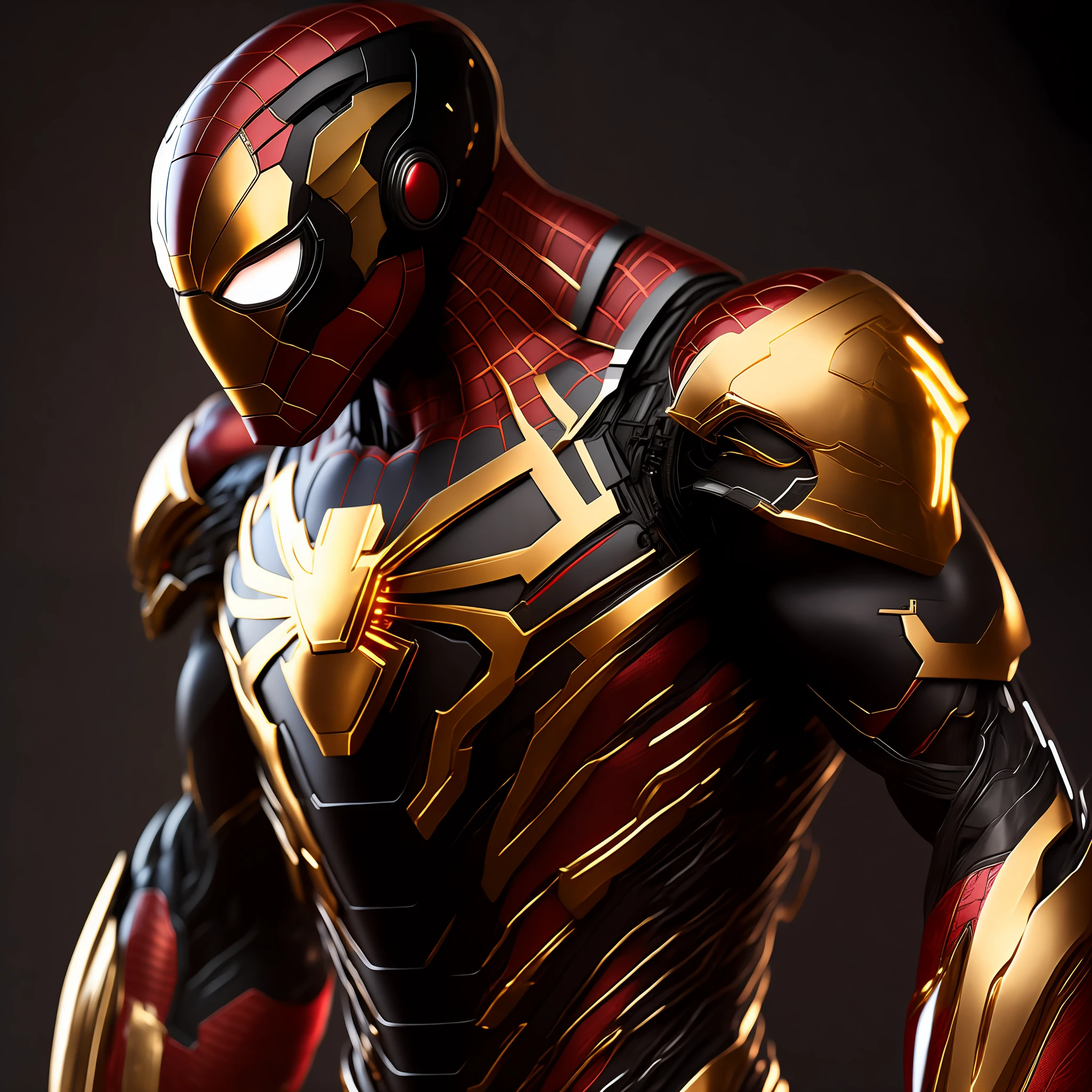 Spider man wearing iron man suit, mecha suit, 8k, futuristic simple basic minimalist mechanical suit, black suit with gold accent, shining metal gold, photo realistic, high details, best quality.