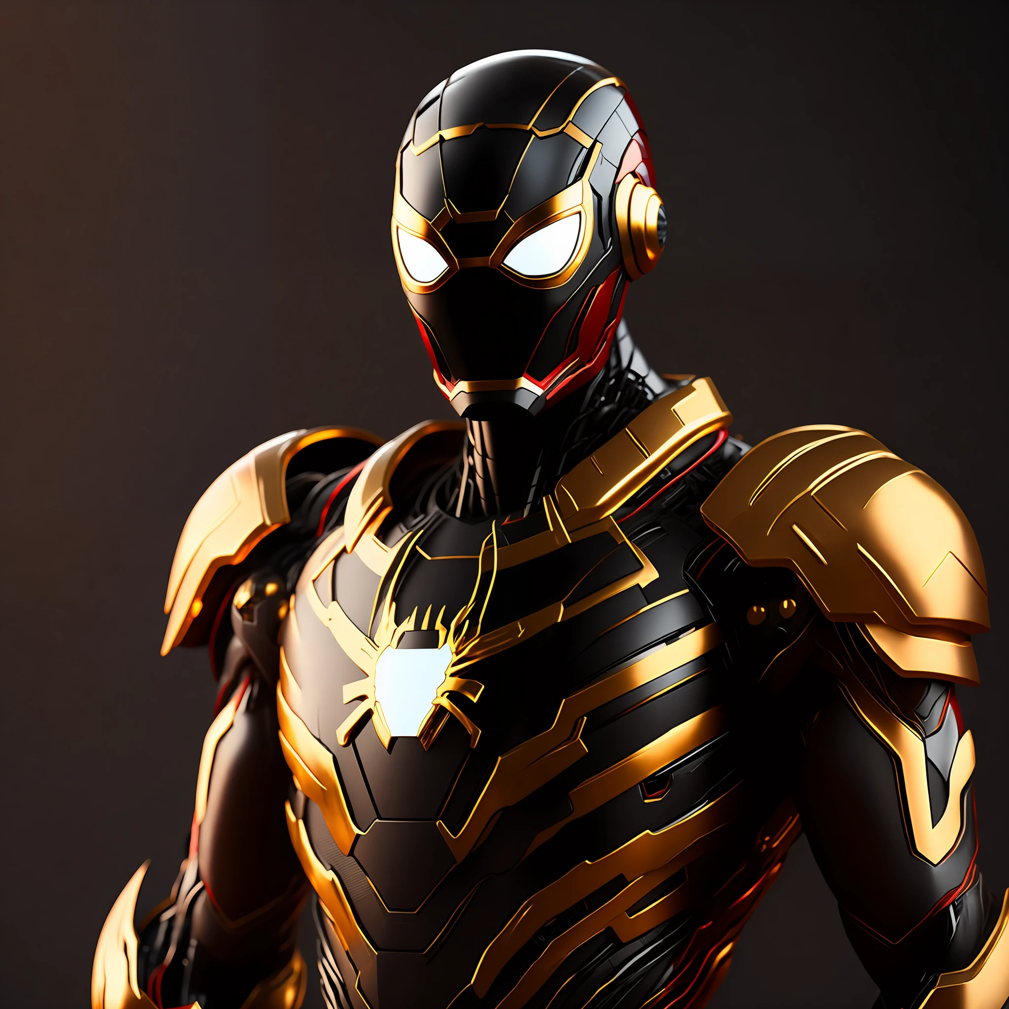 Spider man wearing iron man suit, mecha suit, 8k, futuristic simple basic minimalist mechanical suit, black suit with gold accent, shining metal gold, photo realistic, high details, best quality.