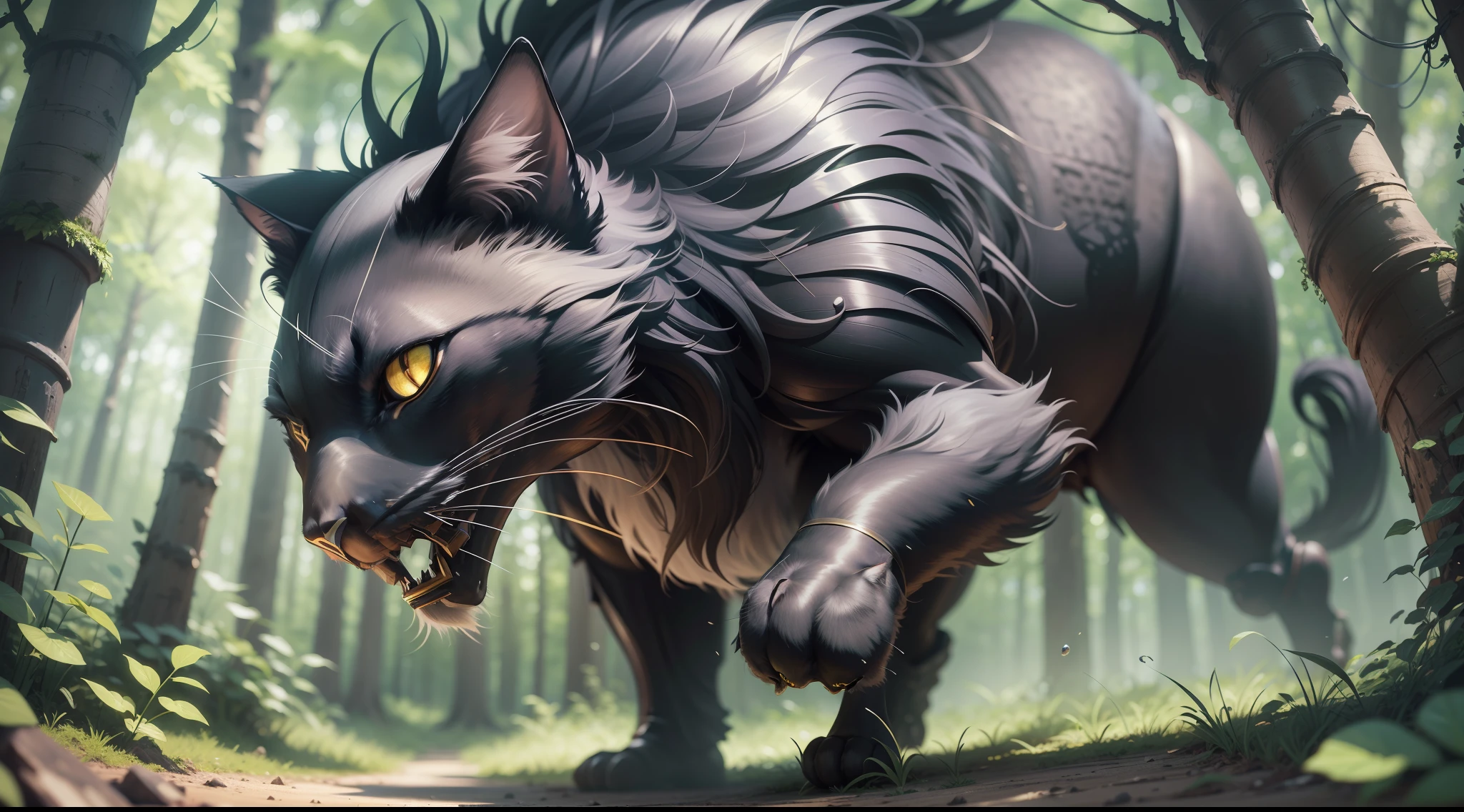 A black cat knight in armor attacks the enemy, in the forest, Extremely detailed computer graphics Unity 8K Wallpaper Masterpiece Best Quality: 1.2 High Resolution Figure: 1.1 Cinematic Lighting: 1.1 Fine detail Intricate details Best Illustration 8K Resolution Realistic Super Detailed Better Lighting Best Shadow Ultra HD CryEngine Detailed Reflection Detailed Shadows Intricate Details Smooth Perfect Shading High-quality metallic texture  Metallic luster Highly detailed illustration Semi-realism: 1.6 Wide-angle shot: 1.2 Bottom Dutch angle, dynamics, action