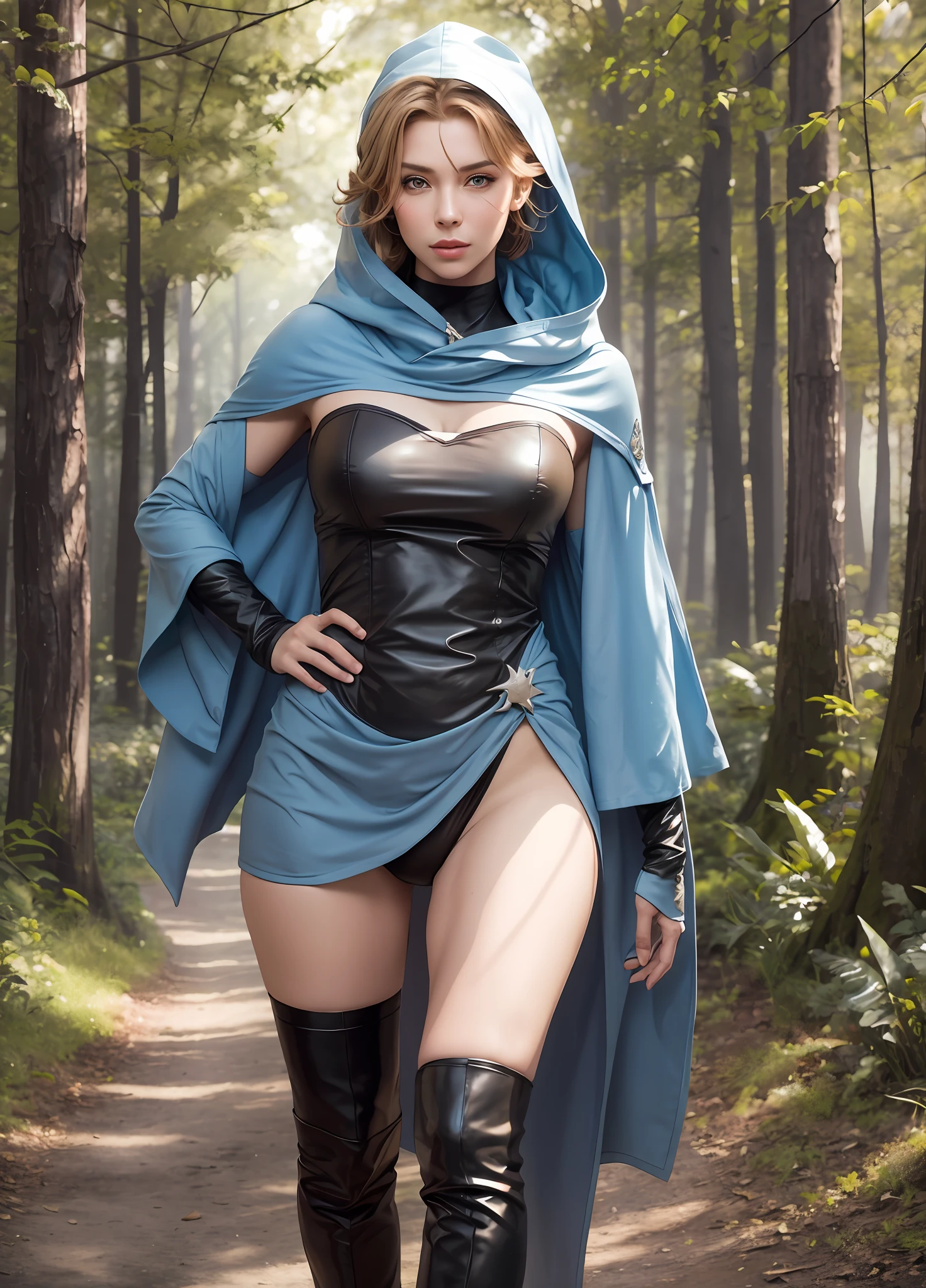 syphabelnades, light blue hood, cover ,, (masterpiece, best quality: 1.4), (modern days), (cowboy shot), 1girl, solo, pov, sfw, stunning girlfriend, (standing: 1.1), dynamic pose, heart-shaped face, elegant face, beautiful face, highly detailed face, highly detailed skin, skin pores, subsuperficial spreading, realistic pupils, medium chest, looking at the viewer, full face blush, full lips,full body walking in a shadowy forest with many shows in the background, depth of field, atmospheric perspective, volumetric lighting, sharp focus, absurdities, realistic proportions, good anatomy, full body showing, seductive, (realistic, hyperrealistic: 1.4), 16k hdr,
