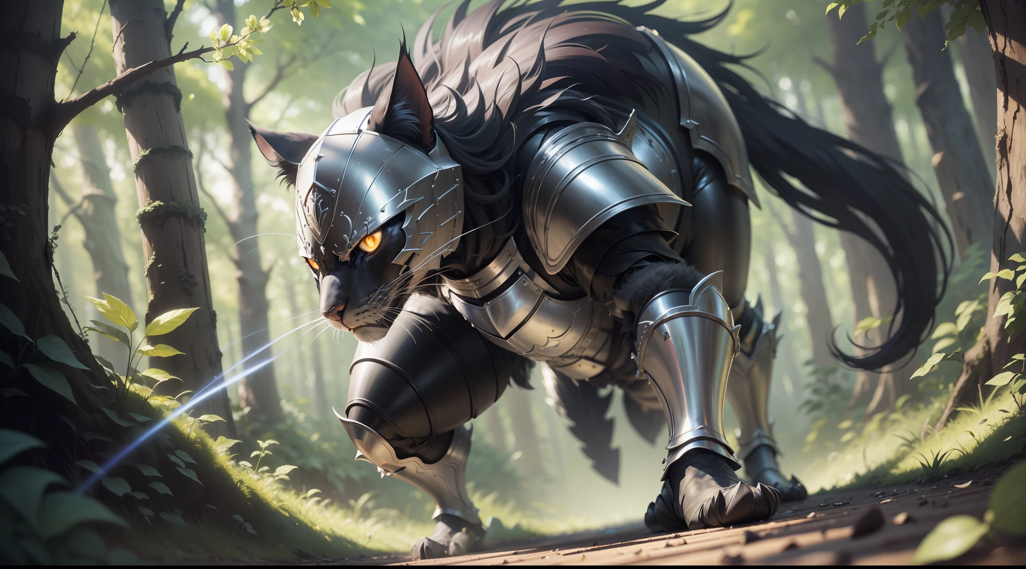 A black cat knight in armor attacks the enemy, in the forest, Extremely detailed computer graphics Unity 8K Wallpaper Masterpiece Best Quality: 1.2 High Resolution Figure: 1.1 Cinematic Lighting: 1.1 Fine detail Intricate details Best Illustration 8K Resolution Realistic Super Detailed Better Lighting Best Shadow Ultra HD CryEngine Detailed Reflection Detailed Shadows Intricate Details Smooth Perfect Shading High-quality metallic texture Metallic luster Highly detailed illustration Semi-realism: 1.6 Wide-angle shot: 1.2 Bottom Dutch angle, dynamics, action