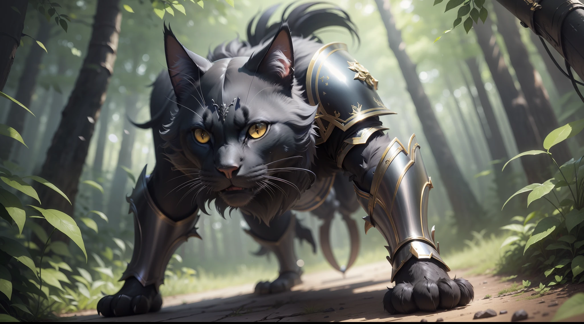 A black cat knight in armor attacks the enemy, in the forest, Extremely detailed computer graphics Unity 8K Wallpaper Masterpiece Best Quality: 1.2 High Resolution Figure: 1.1 Cinematic Lighting: 1.1 Fine detail Intricate details Best Illustration 8K Resolution Realistic Super Detailed Better Lighting Best Shadow Ultra HD CryEngine Detailed Reflection Detailed Shadows Intricate Details Smooth Perfect Shading High-quality metallic texture Metallic luster Highly detailed illustration Semi-realism: 1.6 Wide-angle shot: 1.2 Bottom Dutch angle, dynamics, action