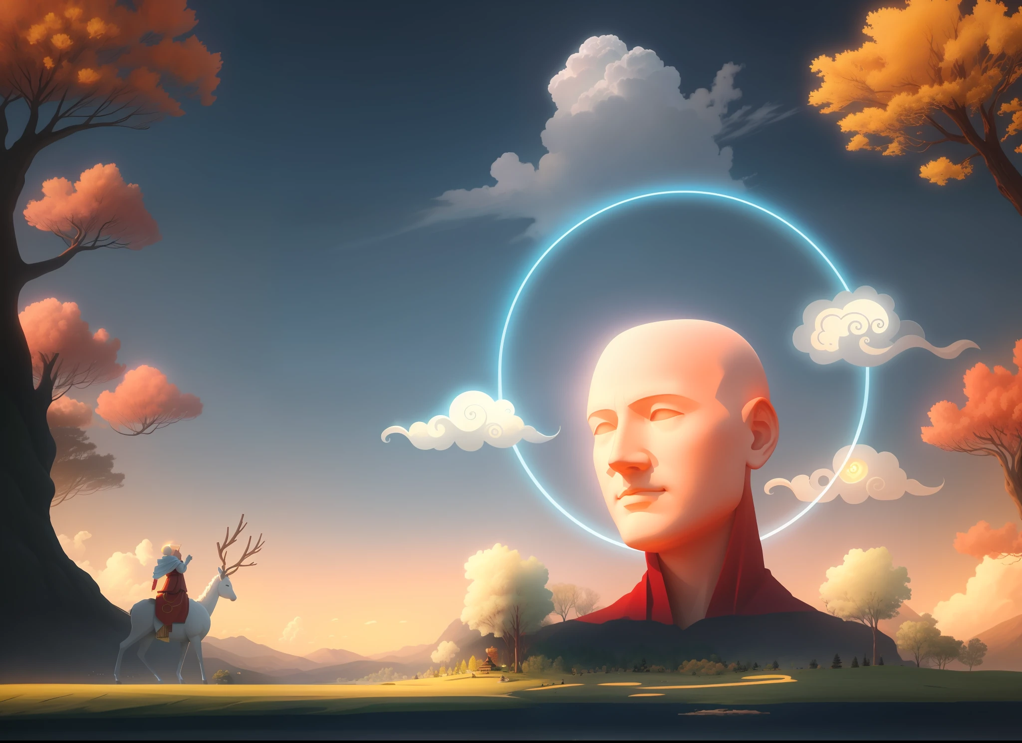 A male bald head sculpture giant grows out of the ground, bald eyes burning with light, the white halo burning above the giant's head emits a halo and floats clouds, Little Red Riding Hood rides a holy deer and looks at the giant, The bald giant is surrounded by flowers and trees, The giant is like an island, glowing light wheel ring, surreal, 8K, Buddha nature fantasy world, science fiction, ultra hd detail, super realistic, great work, halo and flame, background mountains and clouds, sea water reflection below, great detail, HD photography, Forest Breath, Self Heating Breath, 8K HD wallpaper digital art, inspired by Mike Winkelman, style by Cyril Rolando