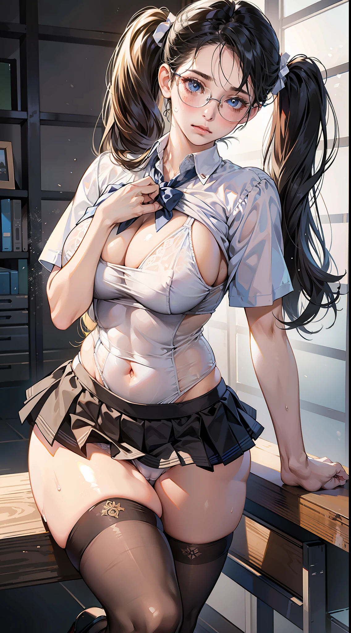 masterpiece, best quality, realistic, photorealistic, great lighting, ultra-detailed, dynamic angle, perfect face, (bright lighting:1.2),beautiful detailed eyes, extremely detailed face, perfect lighting,

1girl, black twintail hair, glasses, clothes about to come off,

high school uniform, pleated skirt, stockings, pumps shoes,

M leg, lift up one's skirt, classroom, 

sweaty, wet body, navel out, thighs out, buttocks, large breast, slim, slender, translucent body, Transparent, Embarrassed expression, blush, ((White panties, cameltoe)),