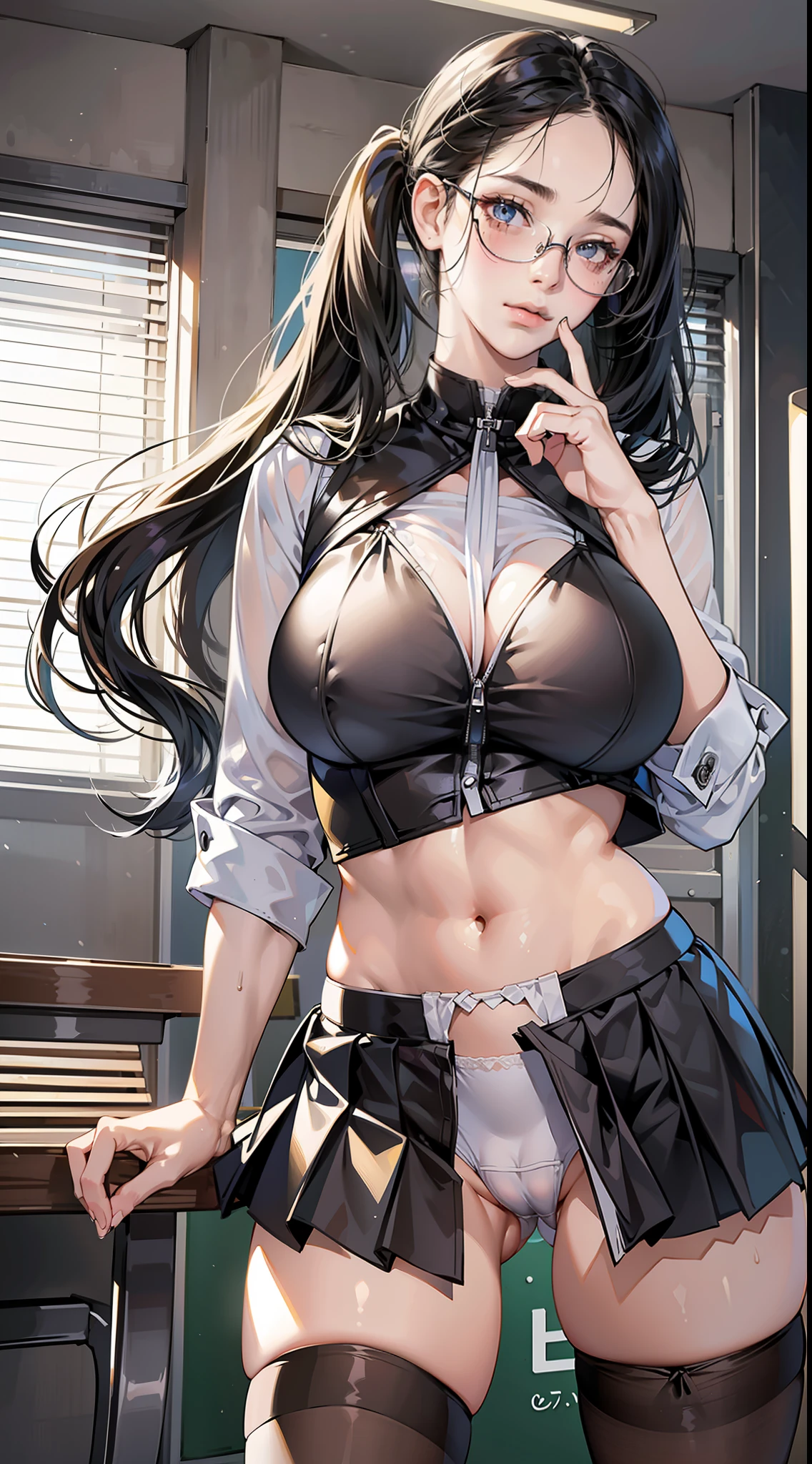 masterpiece, best quality, realistic, photorealistic, great lighting, ultra-detailed, dynamic angle, perfect face, (bright lighting:1.2),beautiful detailed eyes, extremely detailed face, perfect lighting,

1girl, black twintail hair, glasses, clothes about to come off,

high school uniform, pleated skirt, stockings, pumps shoes,

M leg, lift up one's skirt, classroom, 

sweaty, wet body, navel out, thighs out, buttocks, large breast, slim, slender, translucent body, Transparent, Embarrassed expression, blush, ((White panties, cameltoe)),