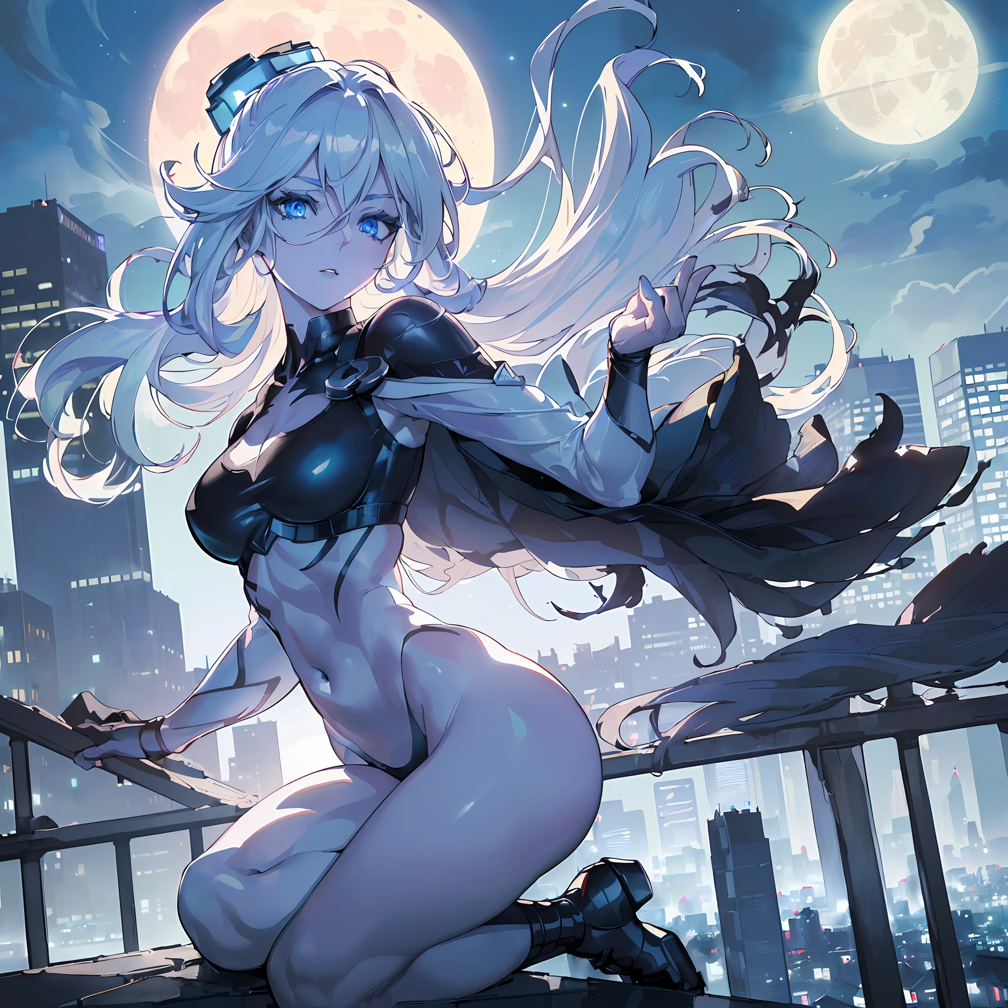 (Masterpiece, 8k resolution, ultra-realistic, very detailed), (White superhero theme, charismatic, there's a  of town, wearing white widow costume from Absolute Comics, she's a superhero), ((25 years), (not so long blonde hair wavy blue locks:0.4), full body, (blue eyes:1.3), ((white widow pose, show of strength, ((urban setting):0.8)| (large cityscape, at night, dynamic lights, dynamic shadows), (full moon))], some details of a black symbiote in uniform like poison, perfect body, beautiful, beautiful face, small waist, elements of science fiction, dense fog, confident
