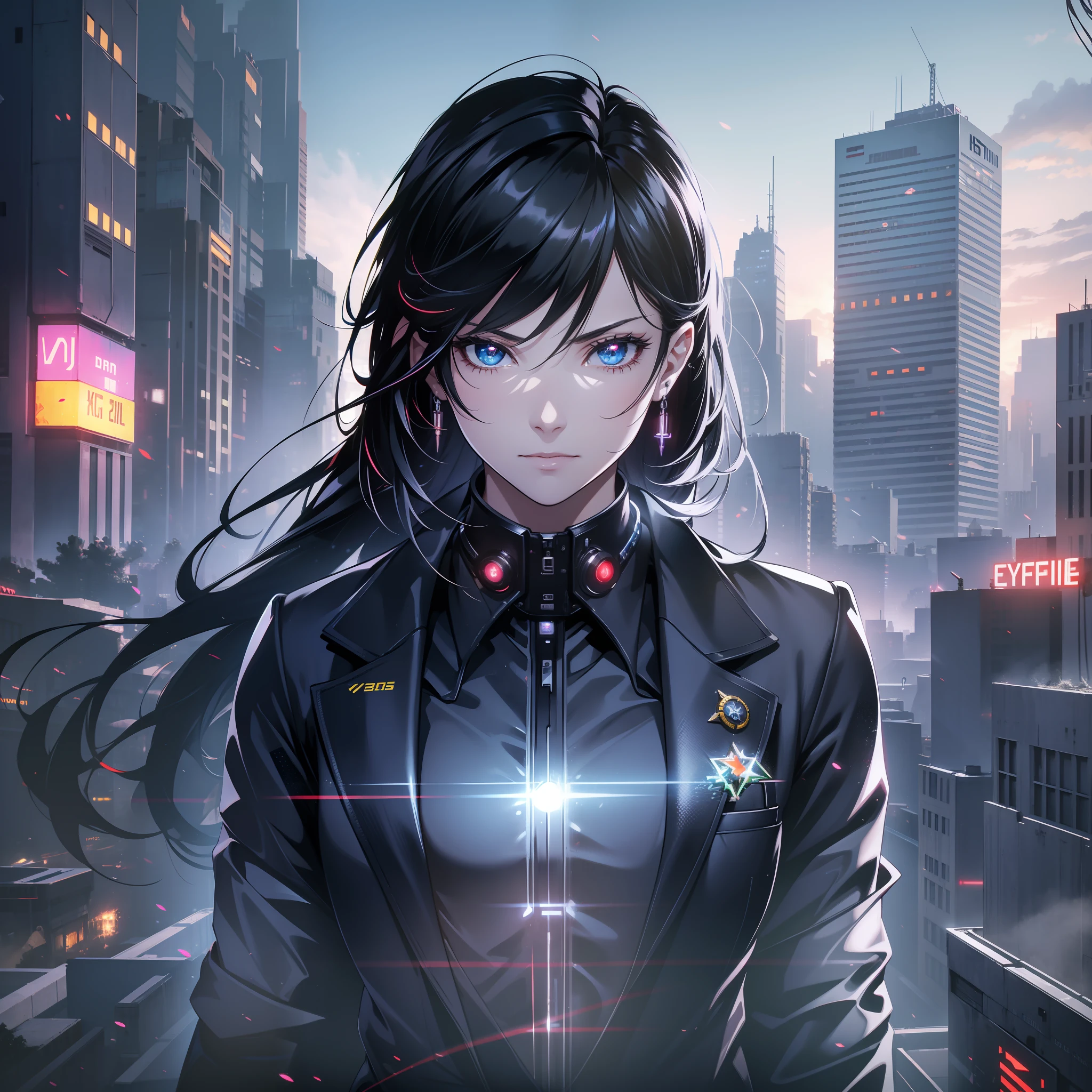 16K, HDR, RTX, raytracing, natural lighting, absurdres, best qaulity masterpiece, close up, highly detailed face, detailed eyes, 1girl, solo, wearing a white business suit, black shirt, top button open, long black hair, extreme beautiful, edgy, cool, evil aura, windy, glowing eyes, serious expressions, dystopian city, futuristic, detailed background, award winning, neon lights, trending on art station