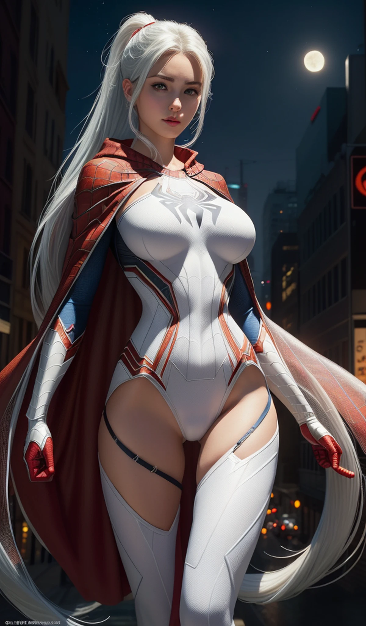 (masterpiece:1.4), (8k, photorealistic, RAW photo, best quality: 1.4), japanese, (1girl), beautiful face, (realistic face:1.4), (white hair, ponytailed long hair:1.3), beautiful hairstyle, beautiful detailed eyes, (best ratio eyes:1.5), attractive, ultra high res, ultra realistic, highly detailed, best ratio, (detailed face:1.4), looking at viewer, red lipsticks, (best ratio fingers:1.5), (White superhero theme, charismatic, there's a girl on top of town, wearing transparent lingerie Spider-Man costume, she's a superhero), [ ((25 years), full body, (realistic blue eyes:1.2), ((Spider-Man pose), show of strength, jumping from one building to another), ((sandy urban environment):0.8)| (cityscape, at night, dynamic lights), (full moon))] # Explanation: The Prompt mainly describes a 4K painting of ultra-high definition, very realistic, very detailed. It shows a superheroine at the top of the city, wearing a Spider-Man costume. The theme in the painting is a white superhero theme, the female protagonist has long white hair, is 25 years old and her entire body is shown in the painting. In terms of portraying the actions of superheroines, spiders are employed, (no bra:1.4), perky_nipples, ((exposed_nipples, exposed breasts, high proportional realistic breasts, realistic big breasts):1.4), (closed mouth:1.4), (camel_toe_pussy:1.4), innie_pussy, spider-man cloak,