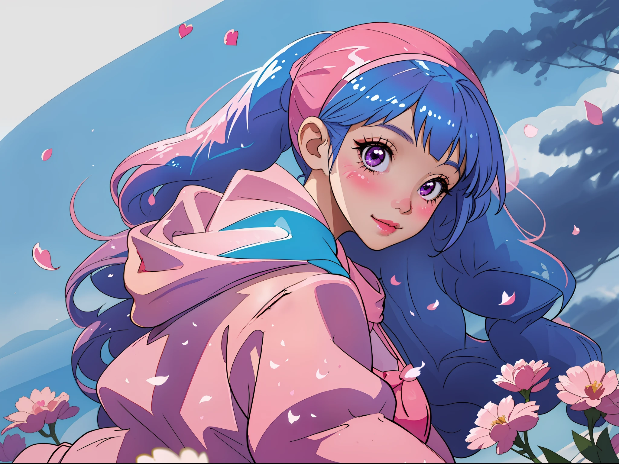 masterpiece, best quality, ultra-detailed, absurdres, colorful, 1girl, solo, (pink eyes:1.0), (blue hair, gradient hair, blunt bangs, twintails:1.0), detailed eyes, wide-eyed, eyelashes, hairband, (smile:0.8), medium breast, particles, (side view:0.5), upper body, outdoors, horizon, pink theme, blue hoodie, short skirt, rainbow, long sleeves, pastel, kawaii, heart, (gradient background:0.8), sun, blush stickers, head tilt, petals