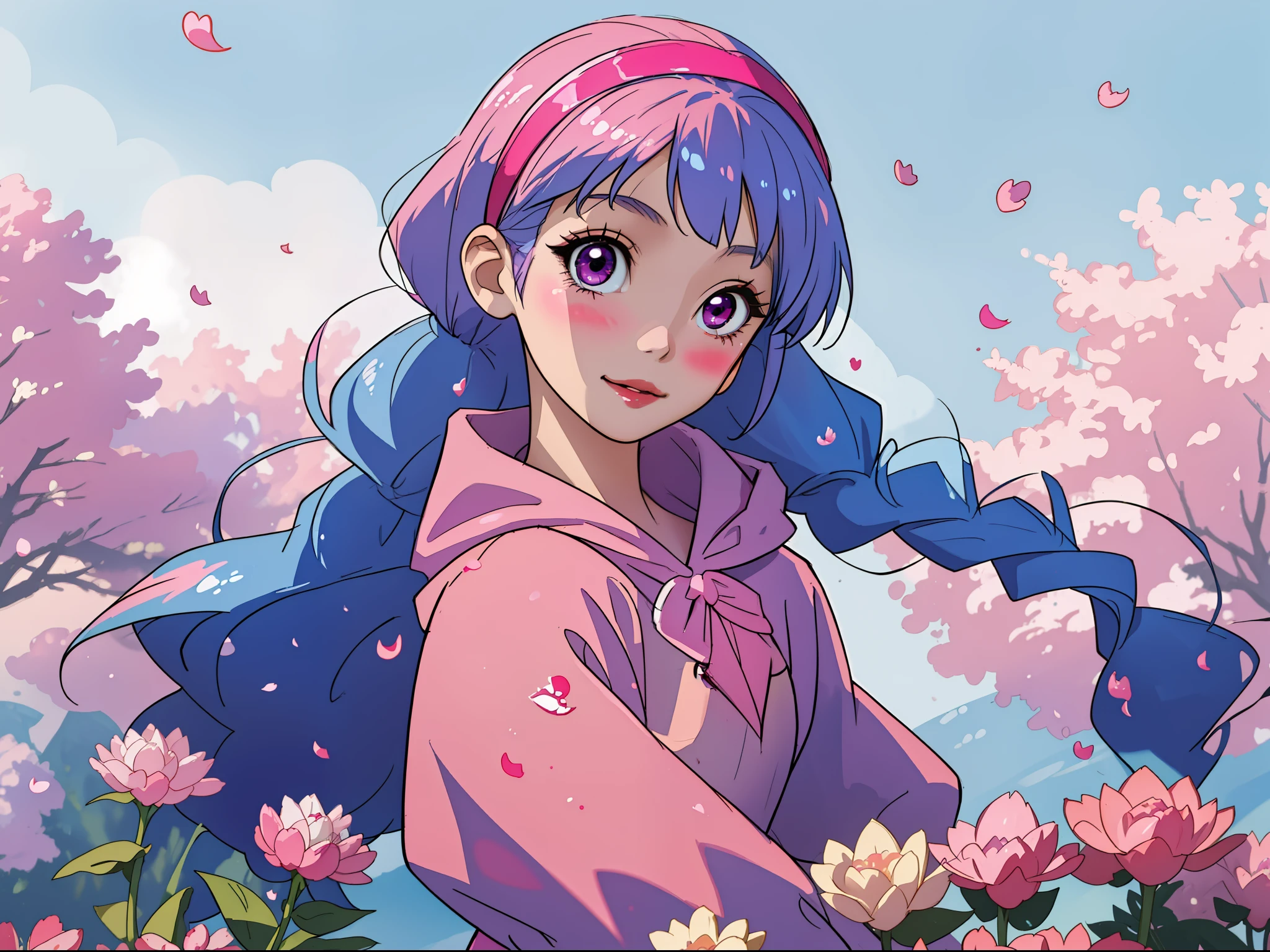 masterpiece, best quality, ultra-detailed, absurdres, colorful, 1girl, solo, (pink eyes:1.0), (blue hair, gradient hair, blunt bangs, twintails:1.0), detailed eyes, wide-eyed, eyelashes, hairband, (smile:0.8), medium breast, particles, (side view:0.5), upper body, outdoors, horizon, pink theme, blue hoodie, short skirt, rainbow, long sleeves, pastel, kawaii, heart, (gradient background:0.8), sun, blush stickers, head tilt, petals