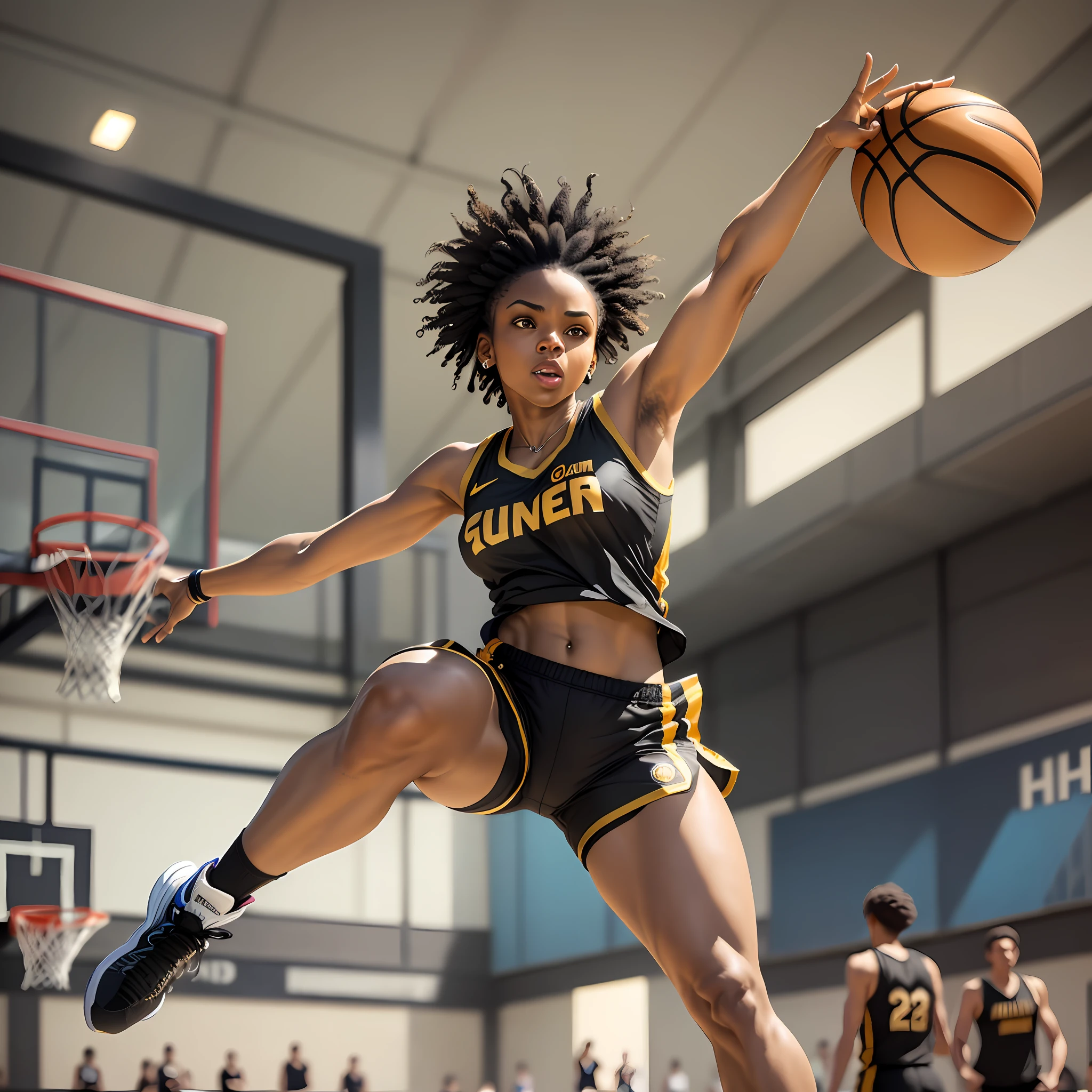Black woman, black power hair, (full of details) jumping towards camera, dunk, (seen from the front), black and gold tank top, (1solo), basketball regatta, holding a black basketball, real background, basketball, player, (((masterpiece))), (((Ultra HD)))